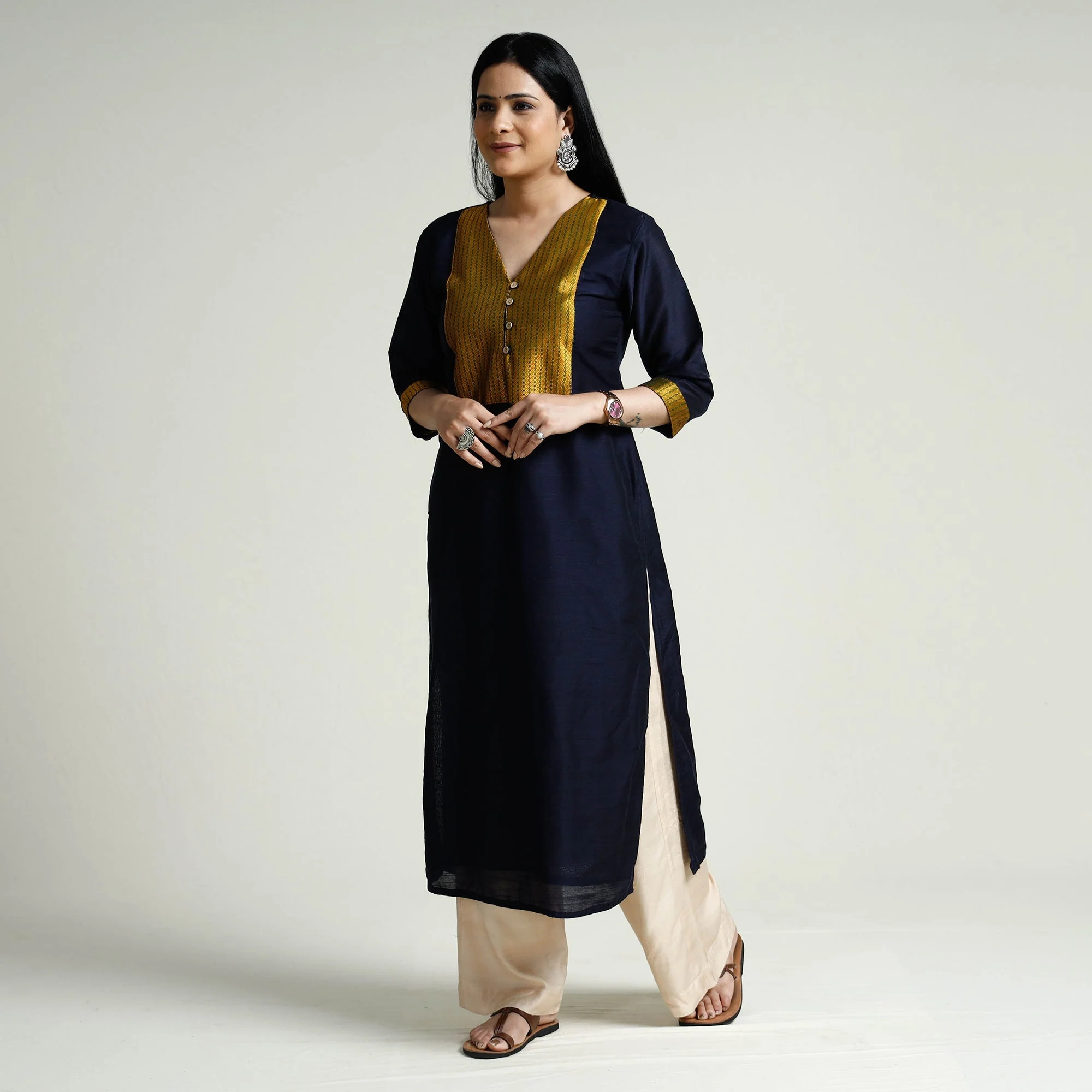 Navy Blue - Plain Silk Long Kurta - Image 3