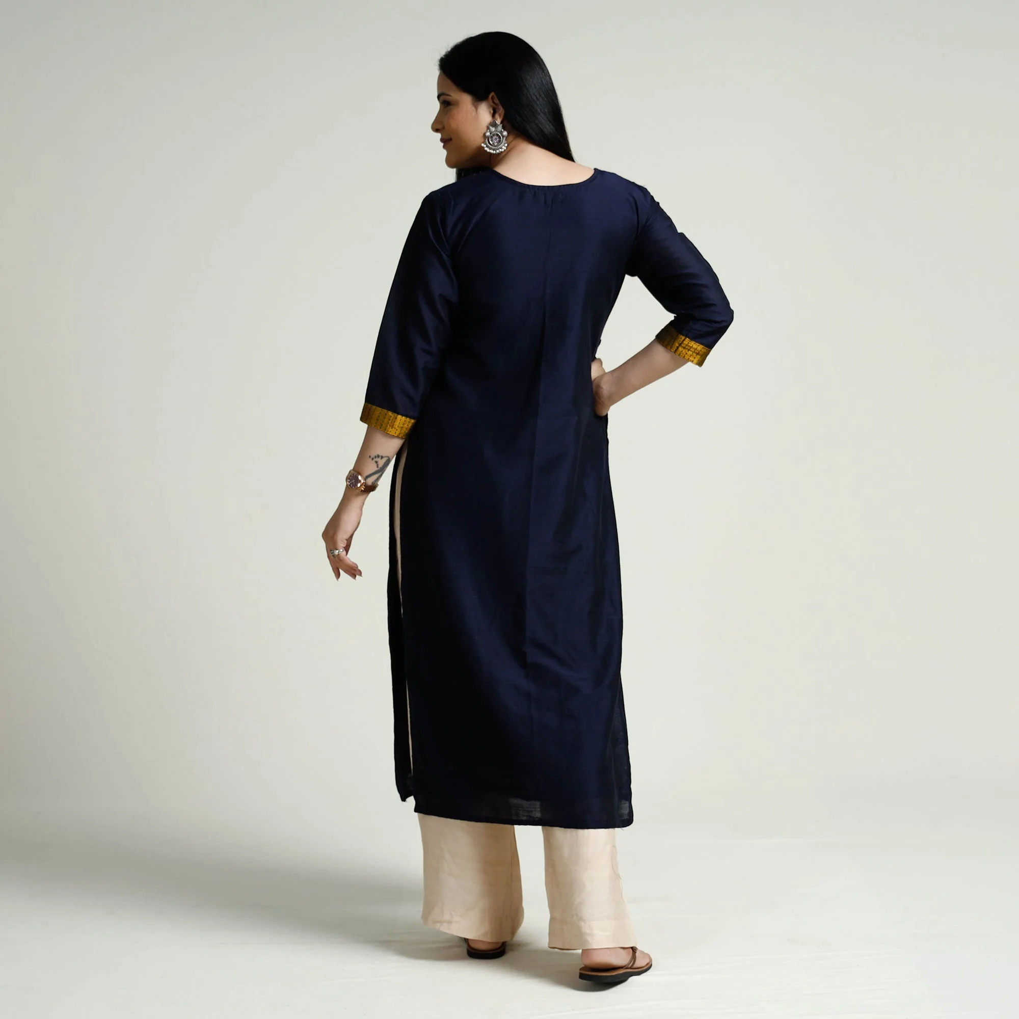 Navy Blue - Plain Silk Long Kurta - Image 4