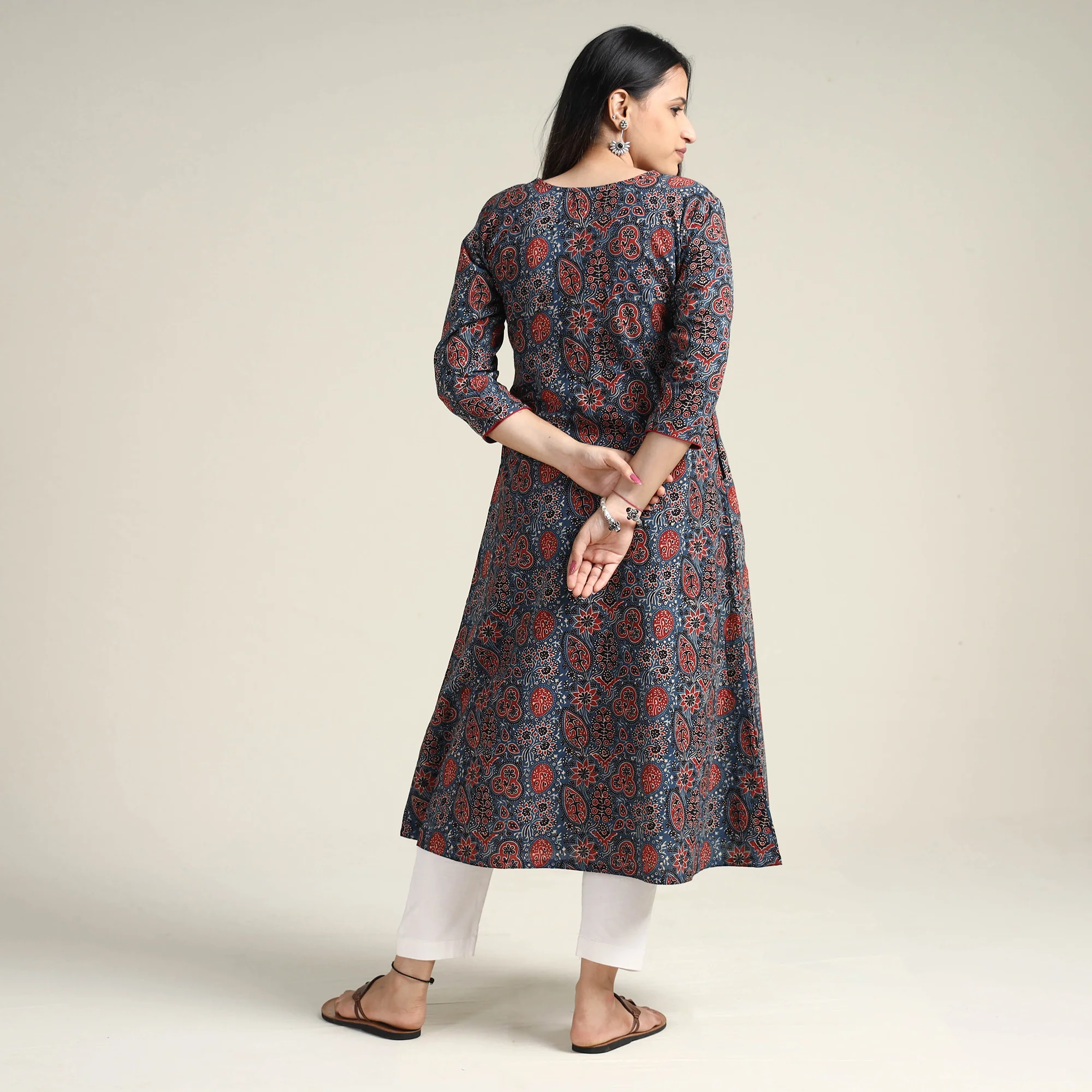 Blue - Ajrakh Block Printed Cotton Long Kurta - Image 6