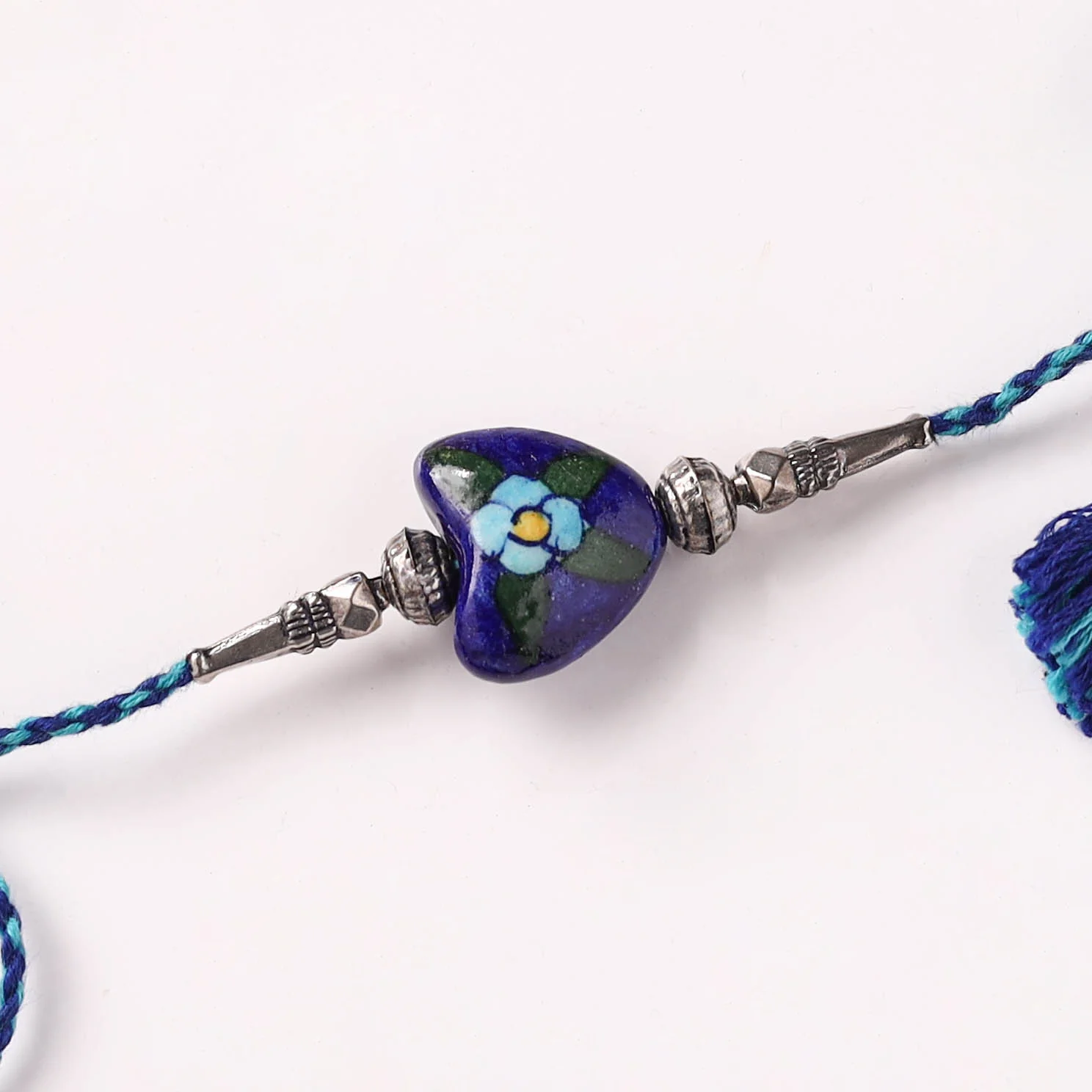Handcrafted Patwa Threadwork Blue Pottery Beads Rakhi 08 - Image 2
