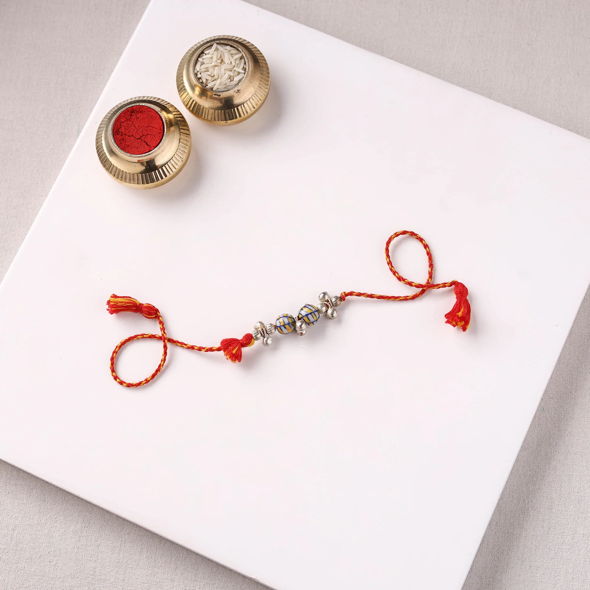 Handcrafted Patwa Threadwork Blue Pottery Beads Rakhi 07