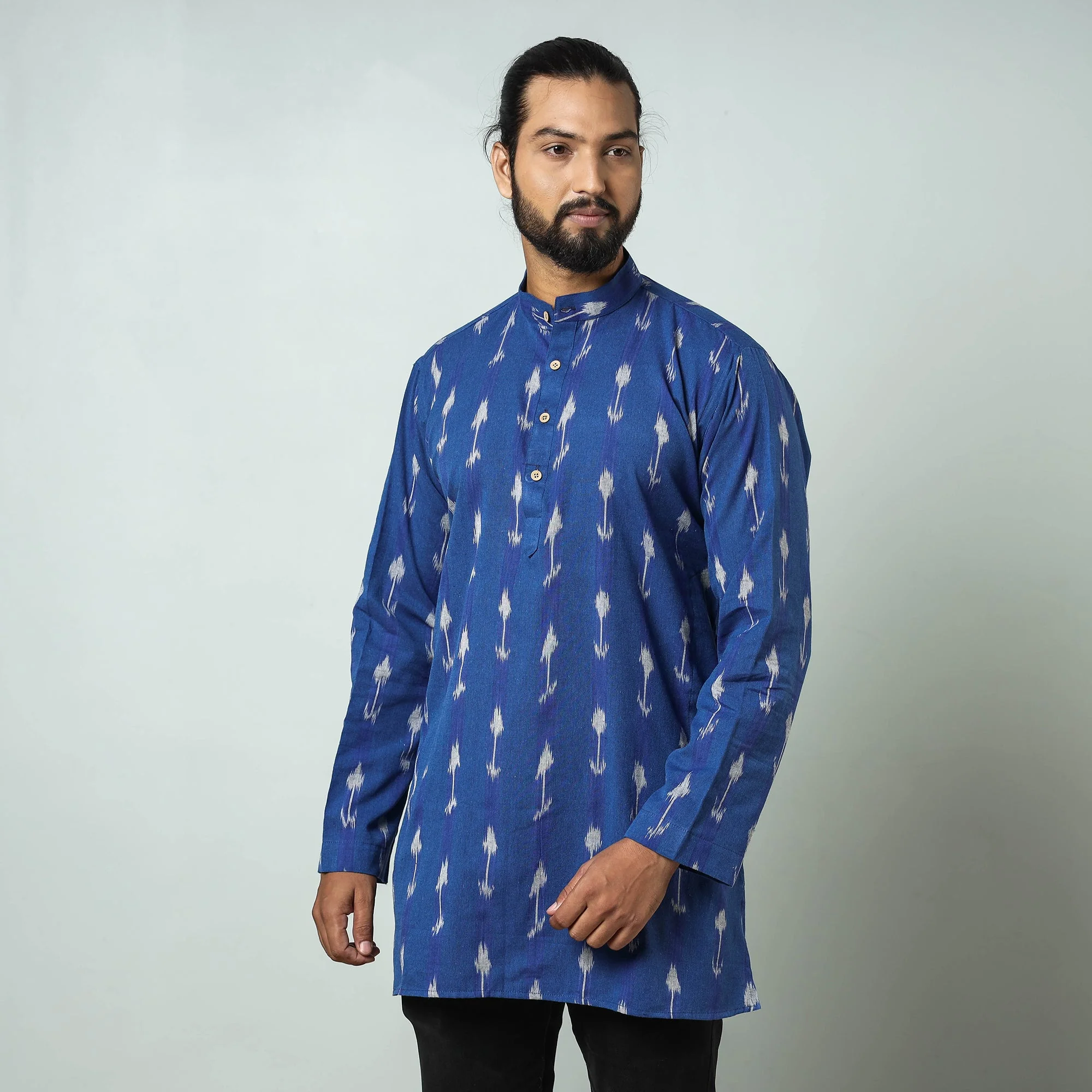 Dark Blue - Pochampally Ikat weave Cotton Men's Short Kurta