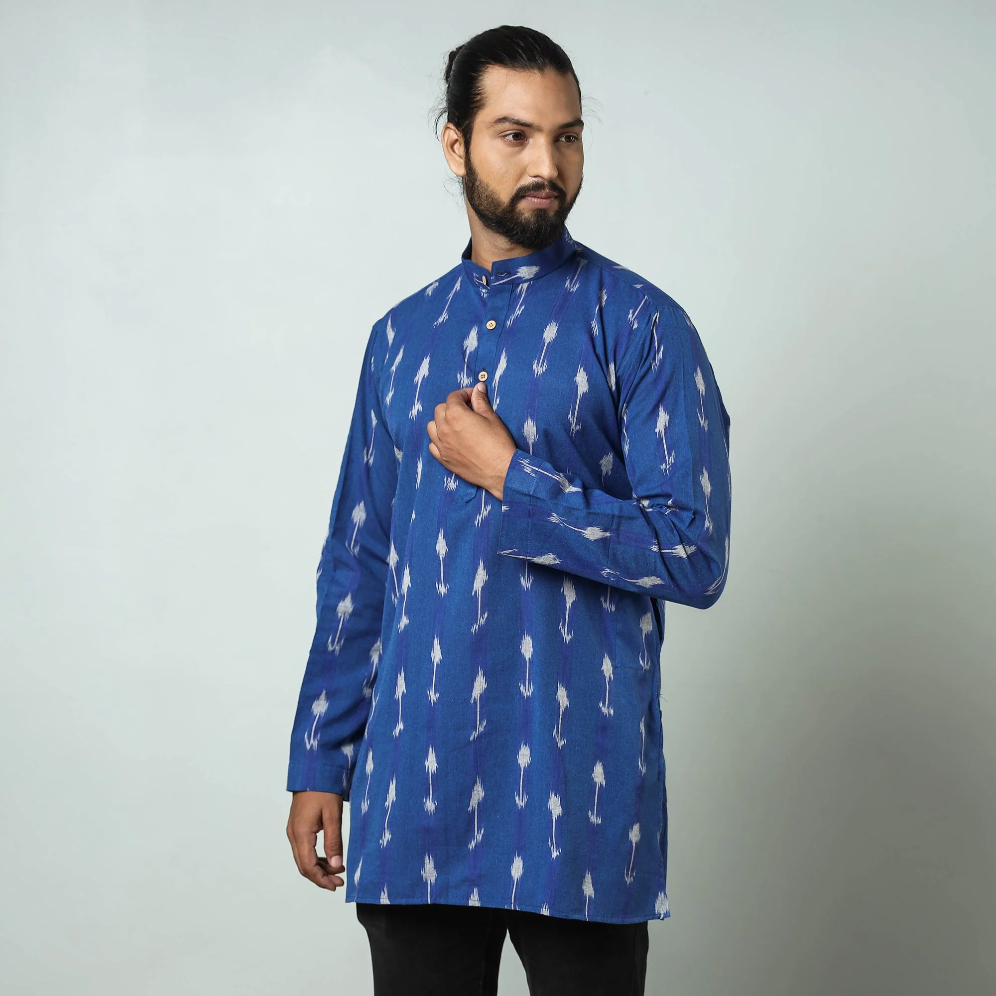 Dark Blue - Pochampally Ikat weave Cotton Men's Short Kurta - Image 2
