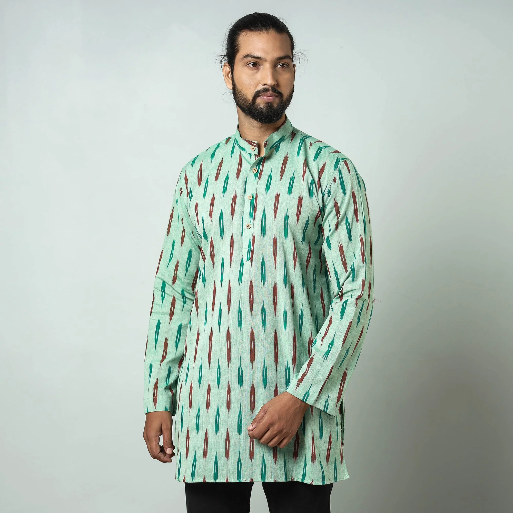 Light green - Pochampally Ikat weave Cotton Men's Short Kurta