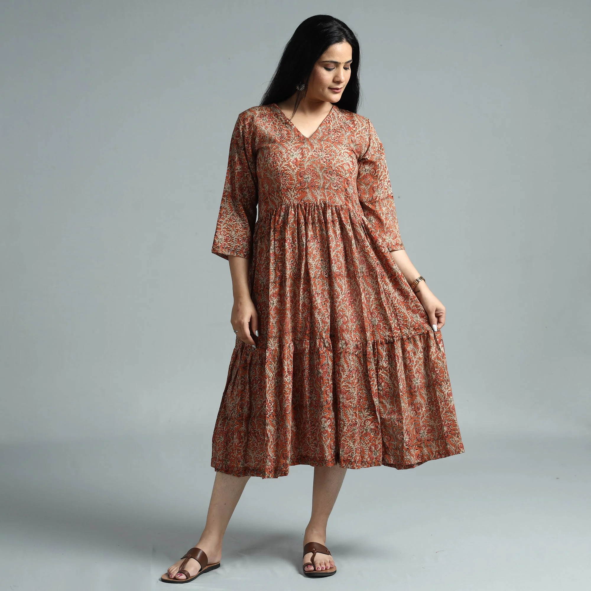 Orange - Kalamkari Block Printed Mul Cotton Flared Gher Dress - Image 2