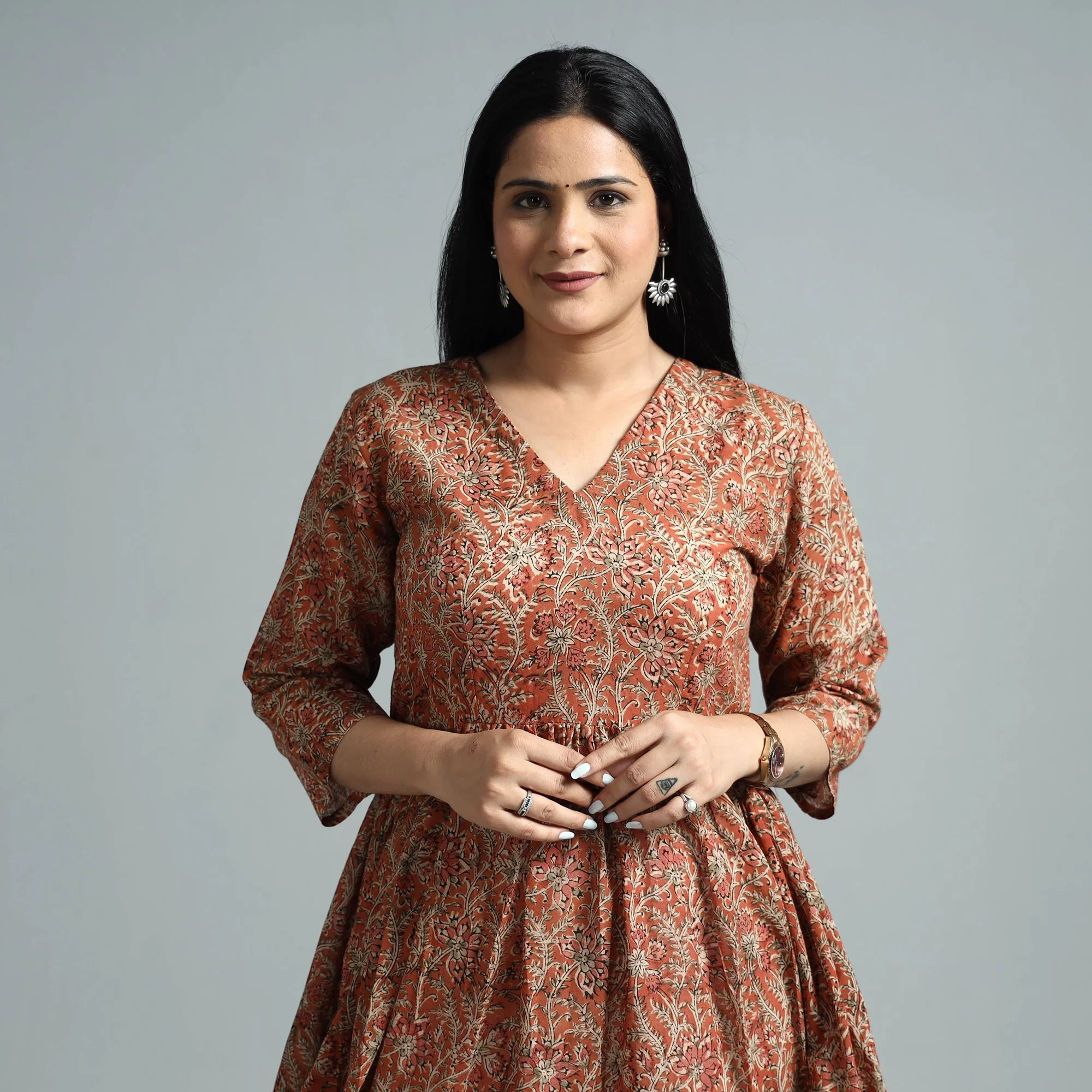 Orange - Kalamkari Block Printed Mul Cotton Flared Gher Dress - Image 3