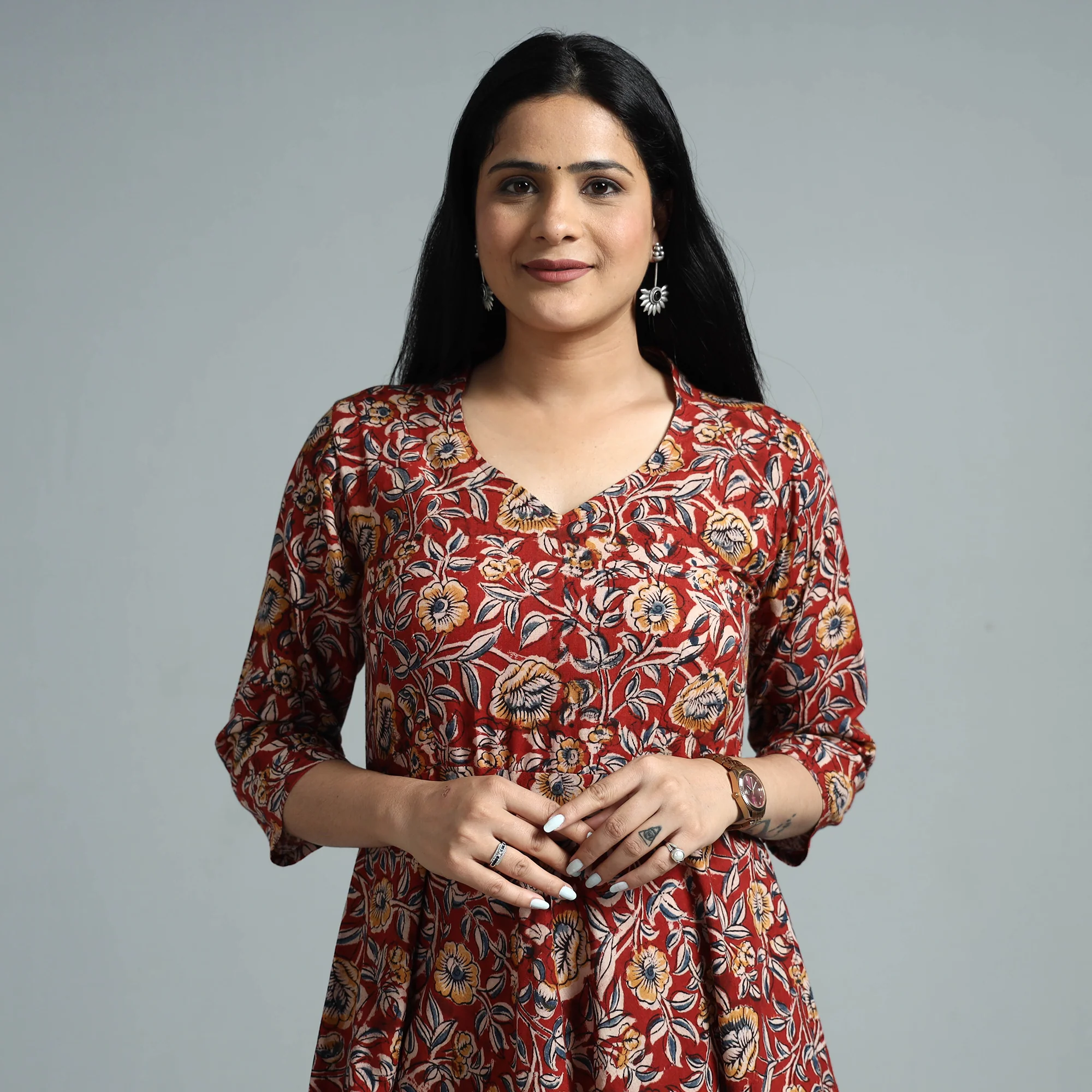 Red - Kalamkari Block Printed Cotton Flared Gher Dress - Image 3