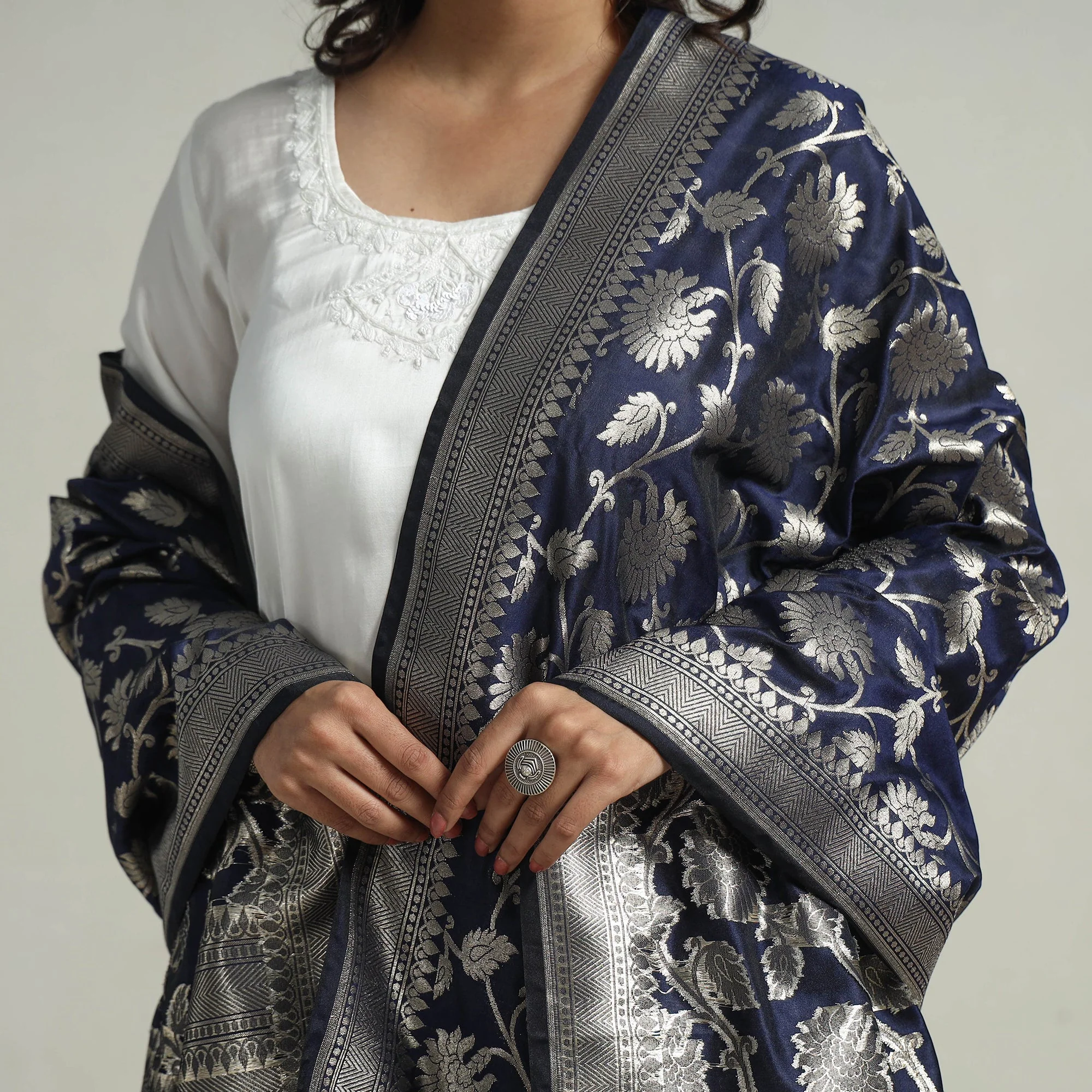Blue - Banarasi Semi Silk Zari Jaal Dupatta with Tassels 11 - Image 3