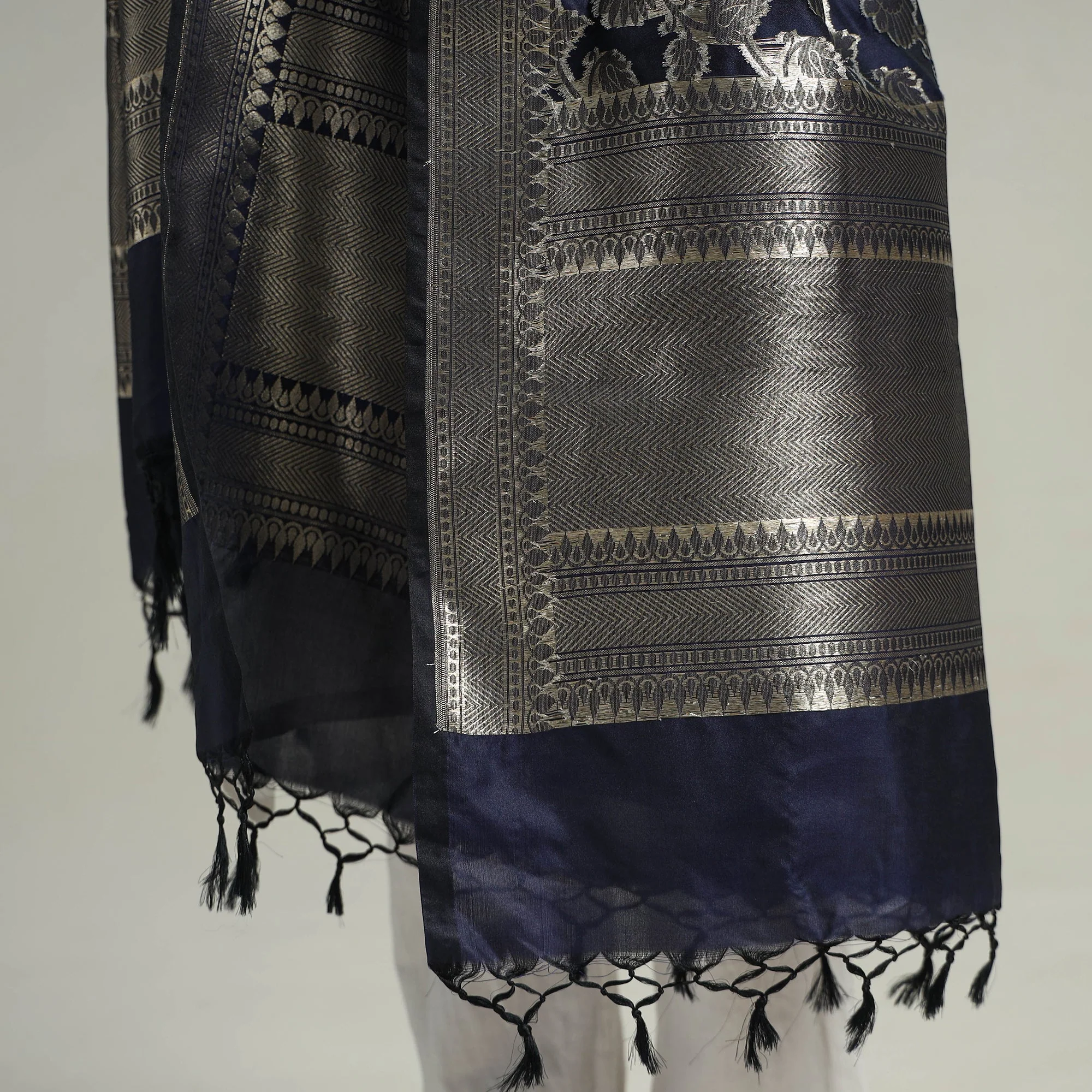Blue - Banarasi Semi Silk Zari Jaal Dupatta with Tassels 11 - Image 4