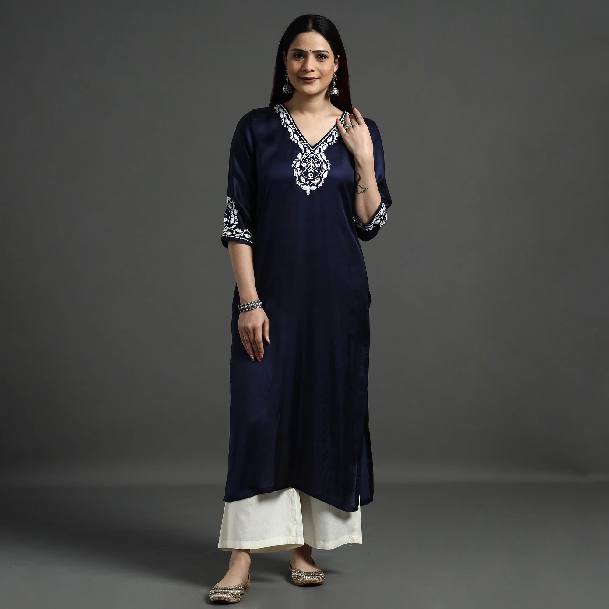 Navy Blue Modal Silk Noori Hand Embroidery Long Straight Kurta - Image 3