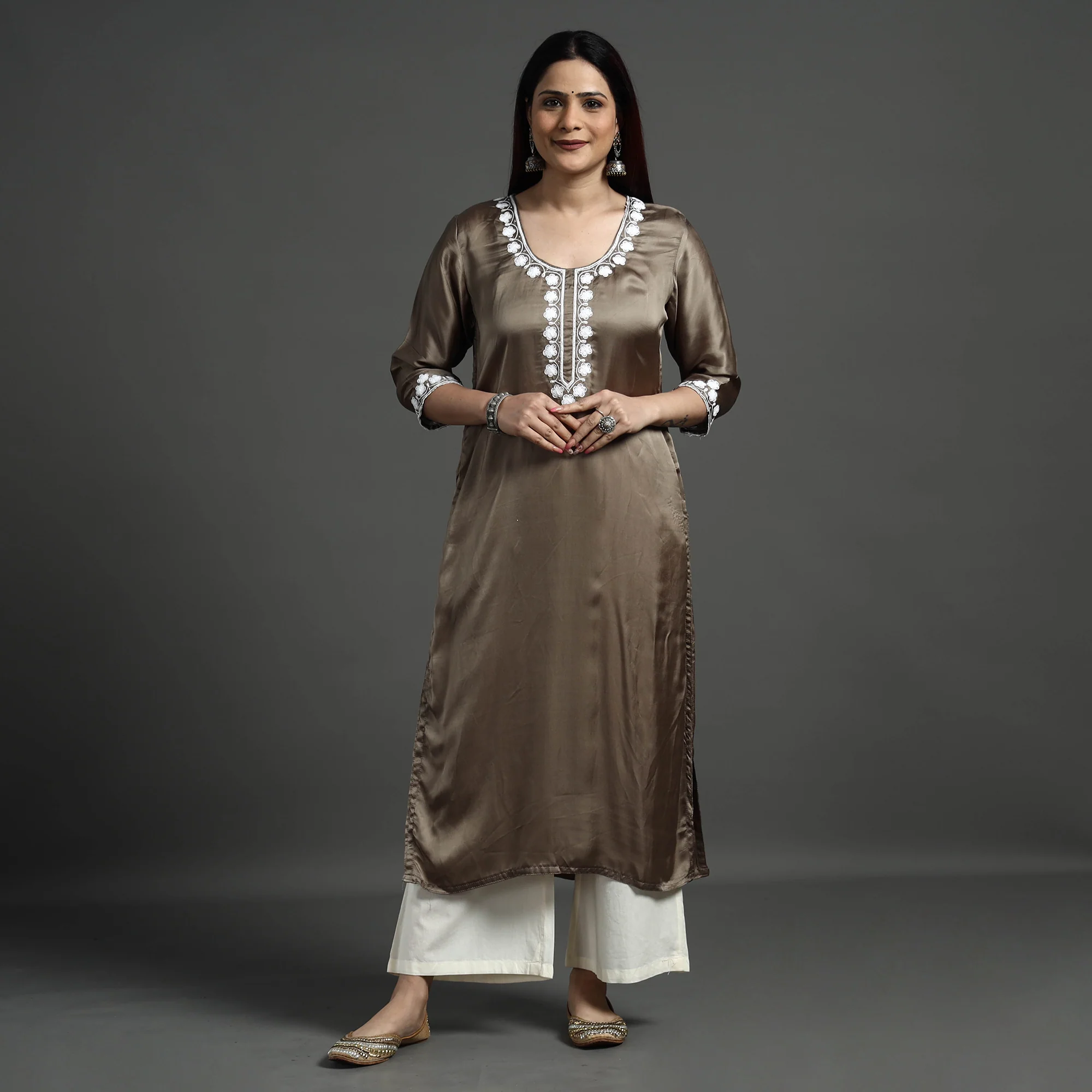 Brown - Modal Silk Noori Hand Embroidery Long Straight Kurta - Image 4