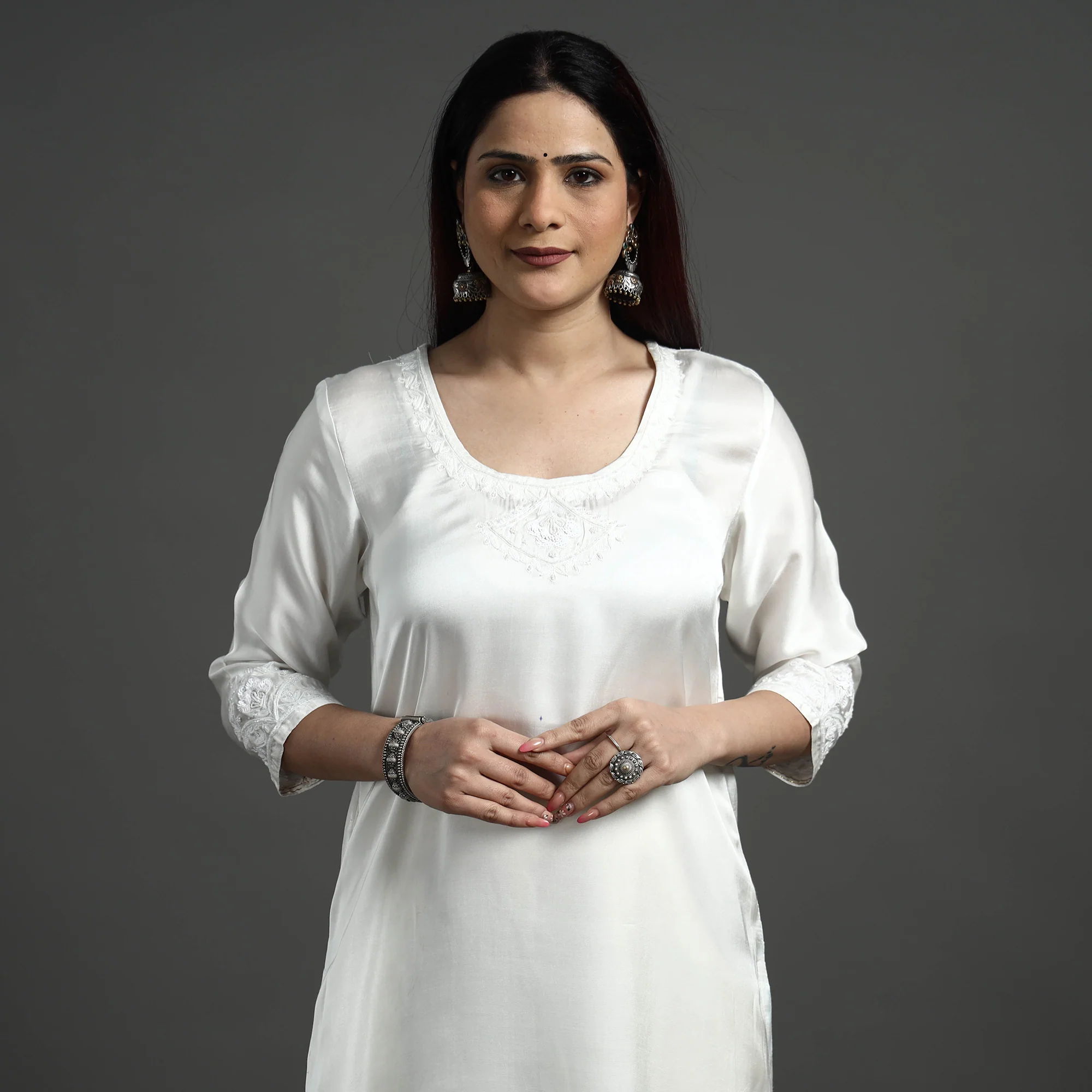 White Modal Silk Hand Embroidered Long Straight Kurta