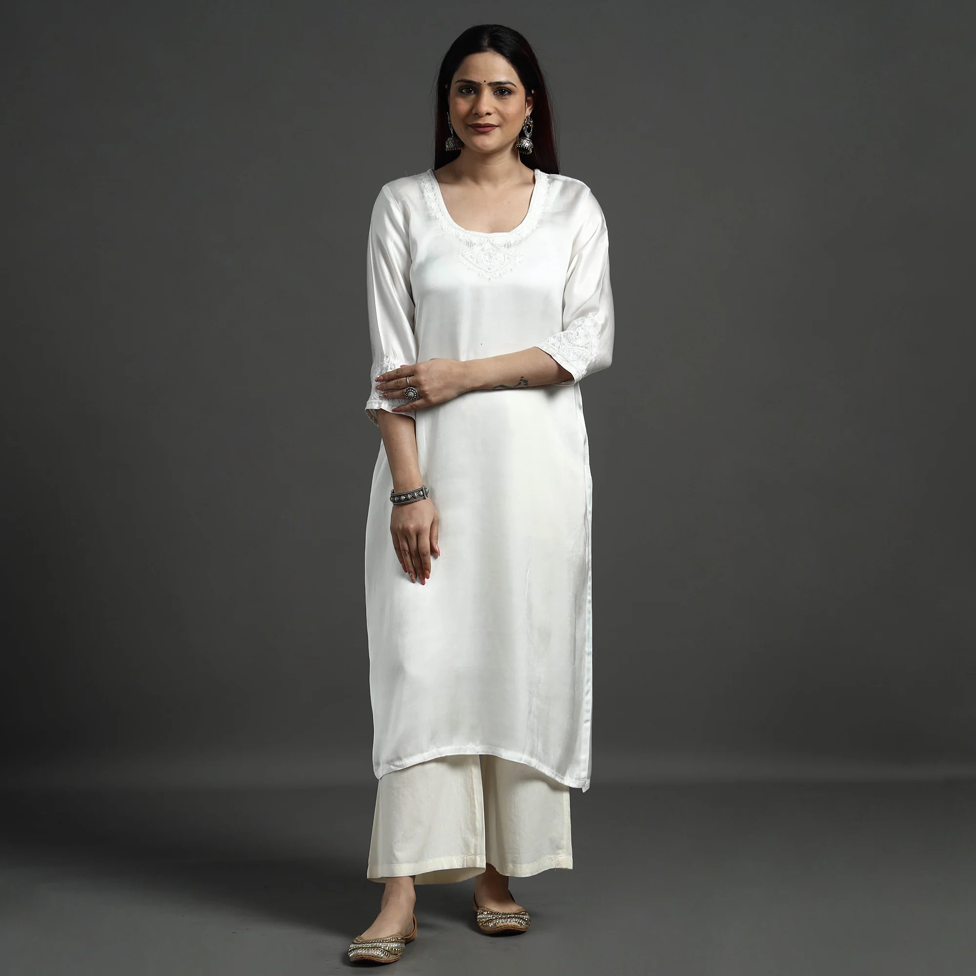 White Modal Silk Hand Embroidered Long Straight Kurta - Image 2