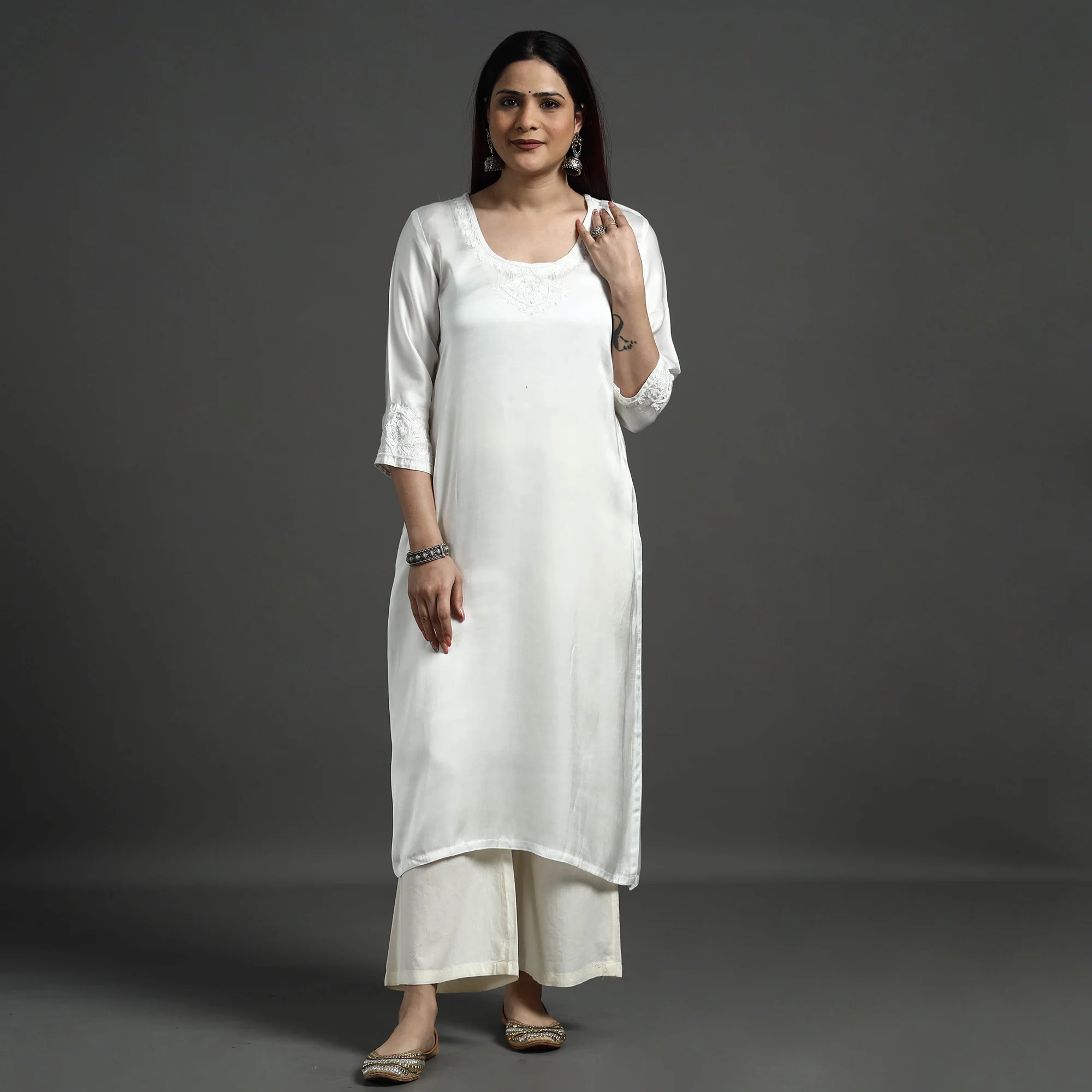 White Modal Silk Hand Embroidered Long Straight Kurta - Image 3