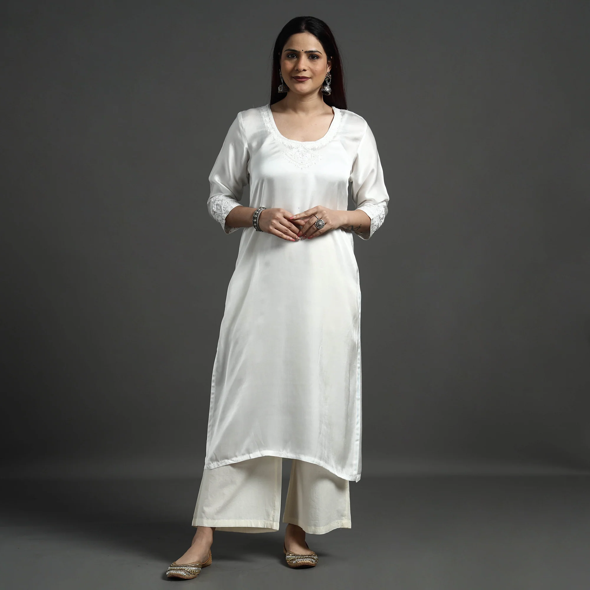 White Modal Silk Hand Embroidered Long Straight Kurta - Image 4