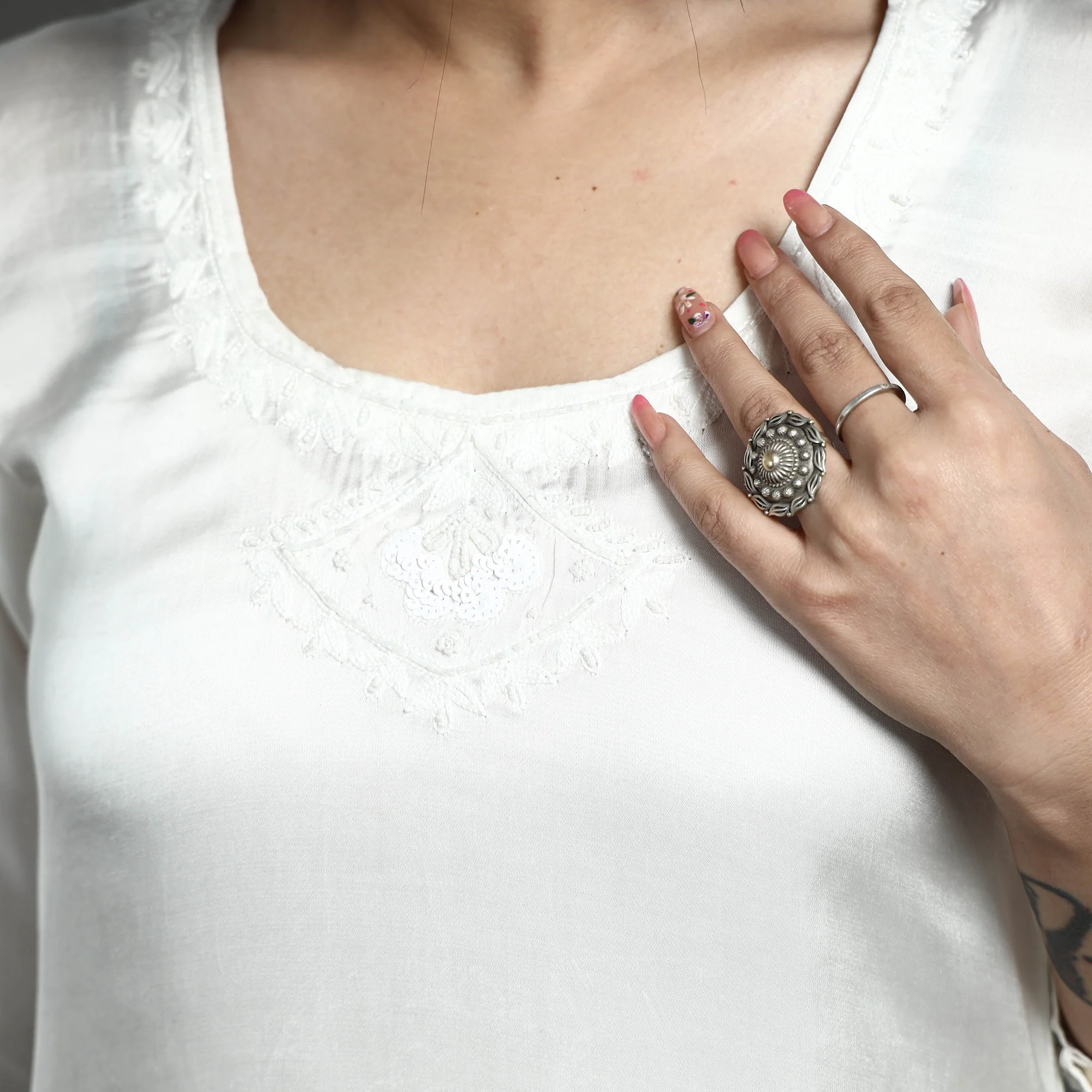 White Modal Silk Hand Embroidered Long Straight Kurta - Image 6