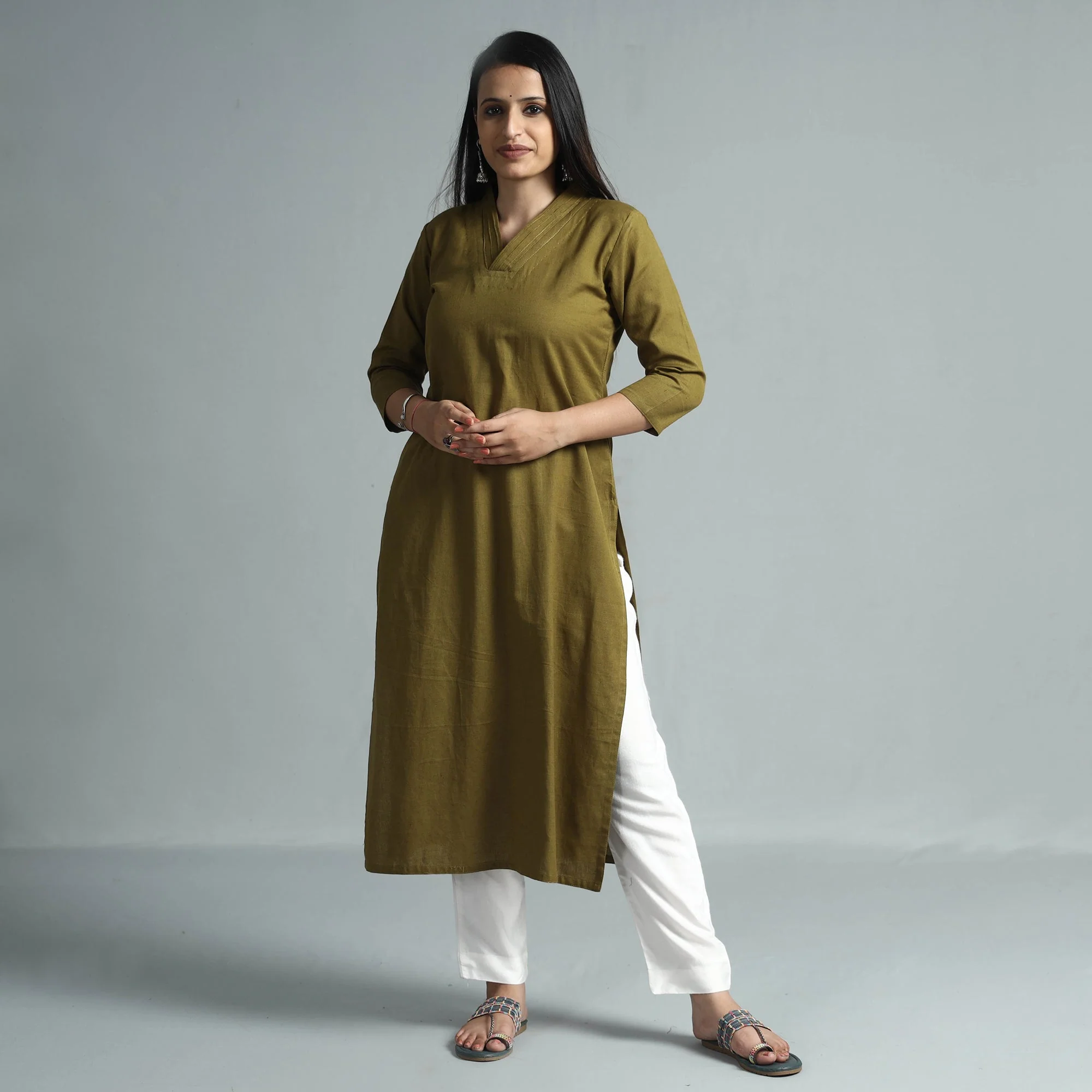 Olive Green Plain Flex Cotton Kurta - Image 3