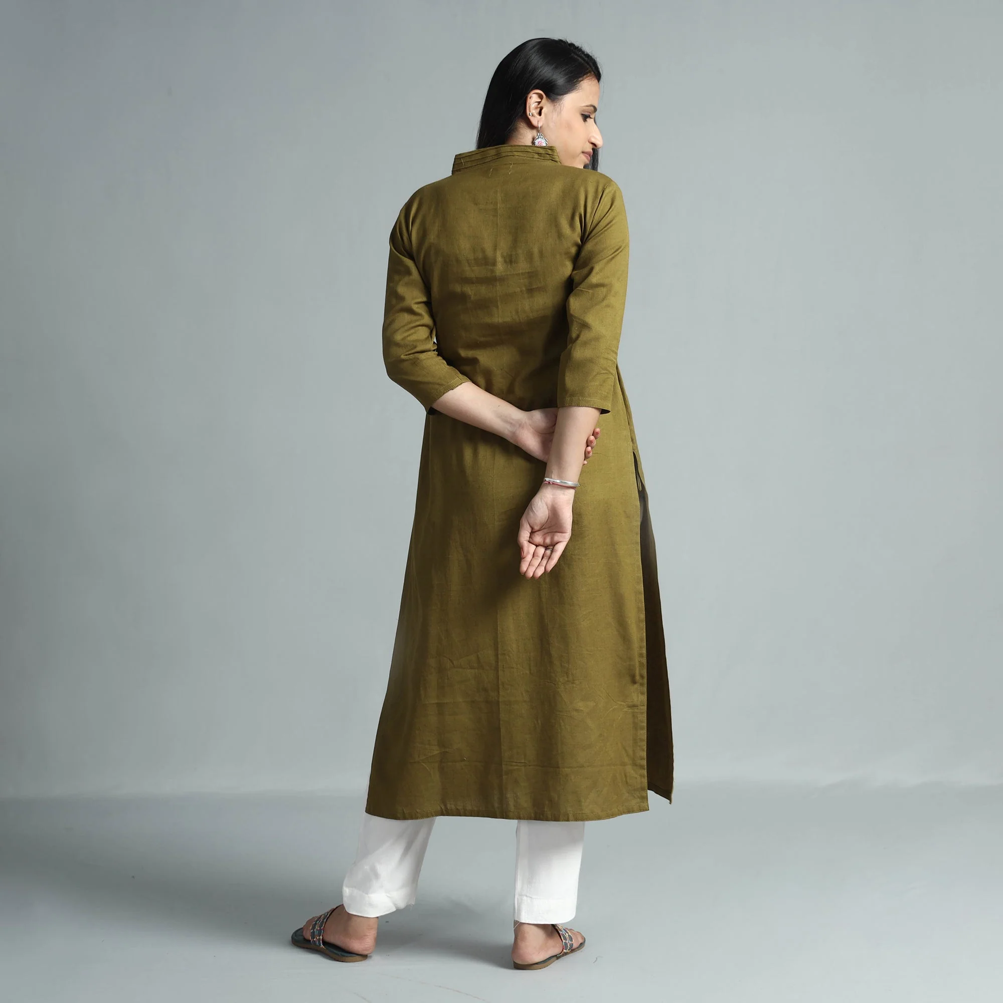 Olive Green Plain Flex Cotton Kurta - Image 6