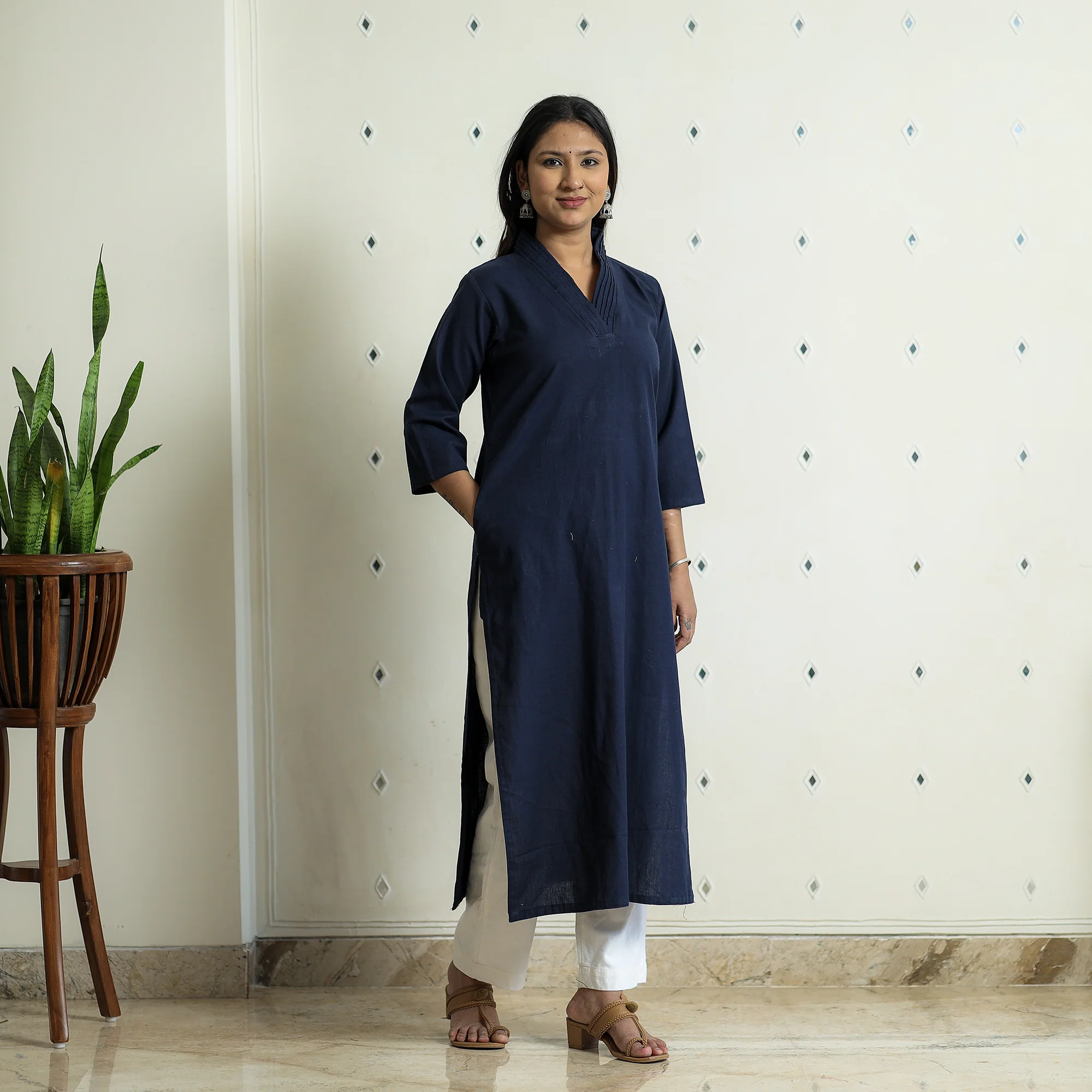 Navy Blue - Plain Flex Cotton Kurta