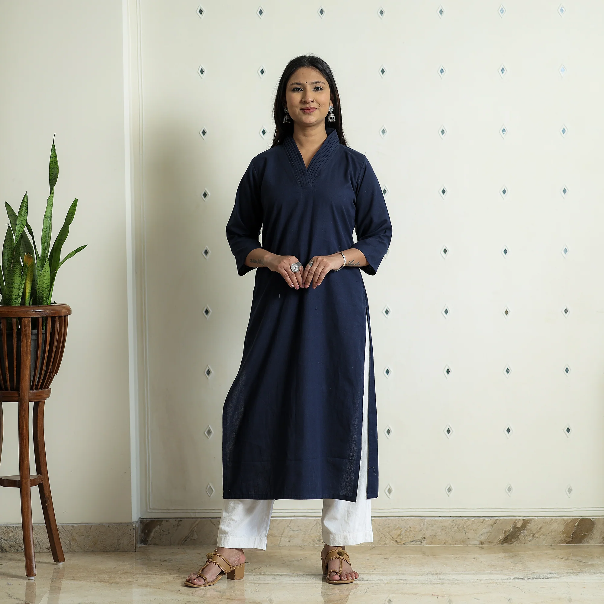 Navy Blue - Plain Flex Cotton Kurta - Image 3