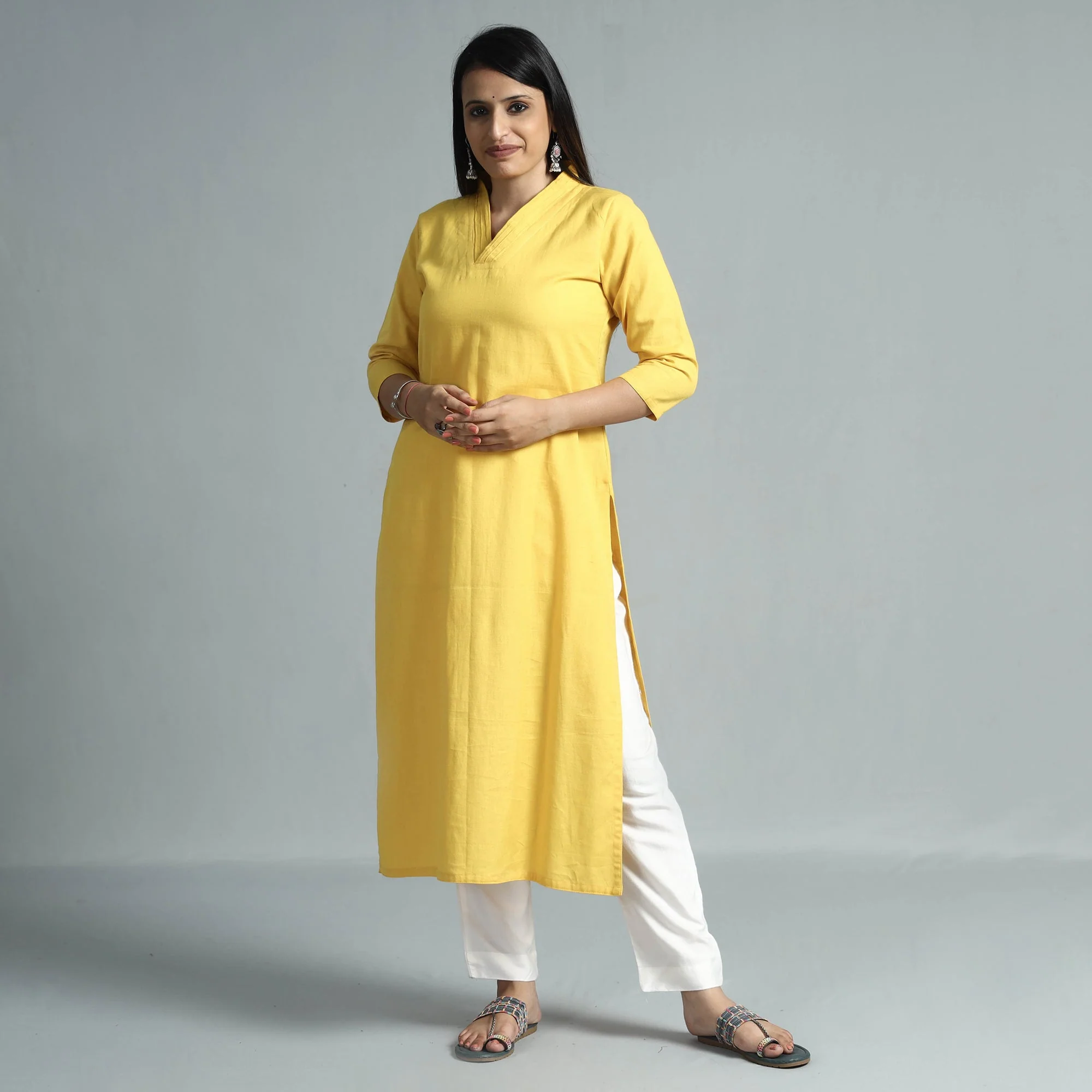 Yellow Plain Flex Cotton Kurta - Image 3
