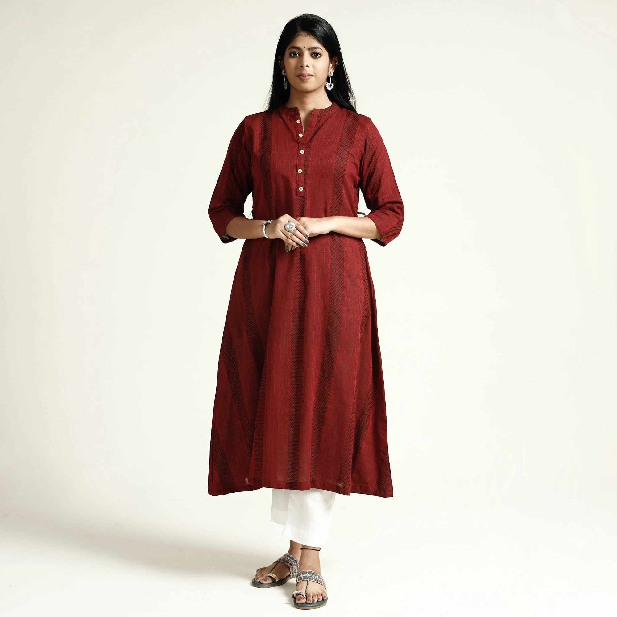 Maroon Jacquard Cotton A-Line Long Kurta - Image 2