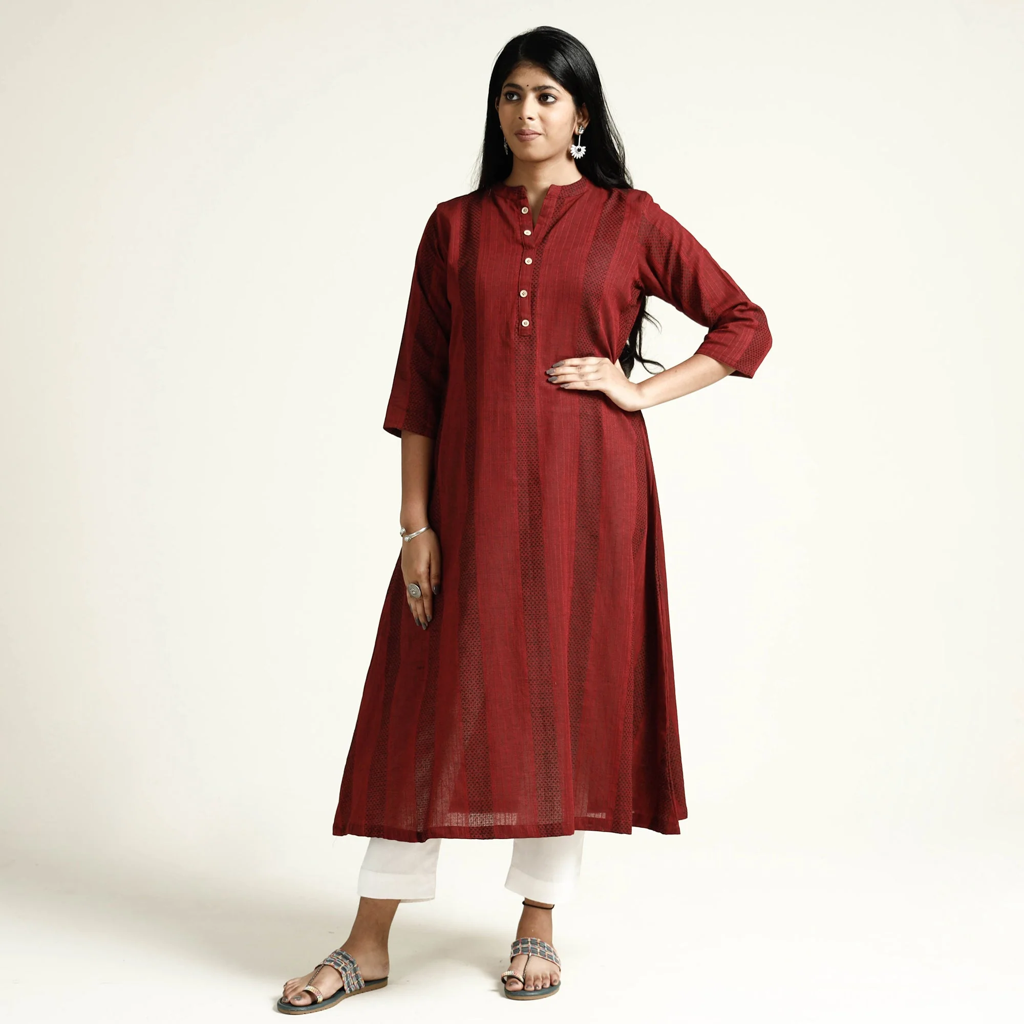 Maroon Jacquard Cotton A-Line Long Kurta - Image 3