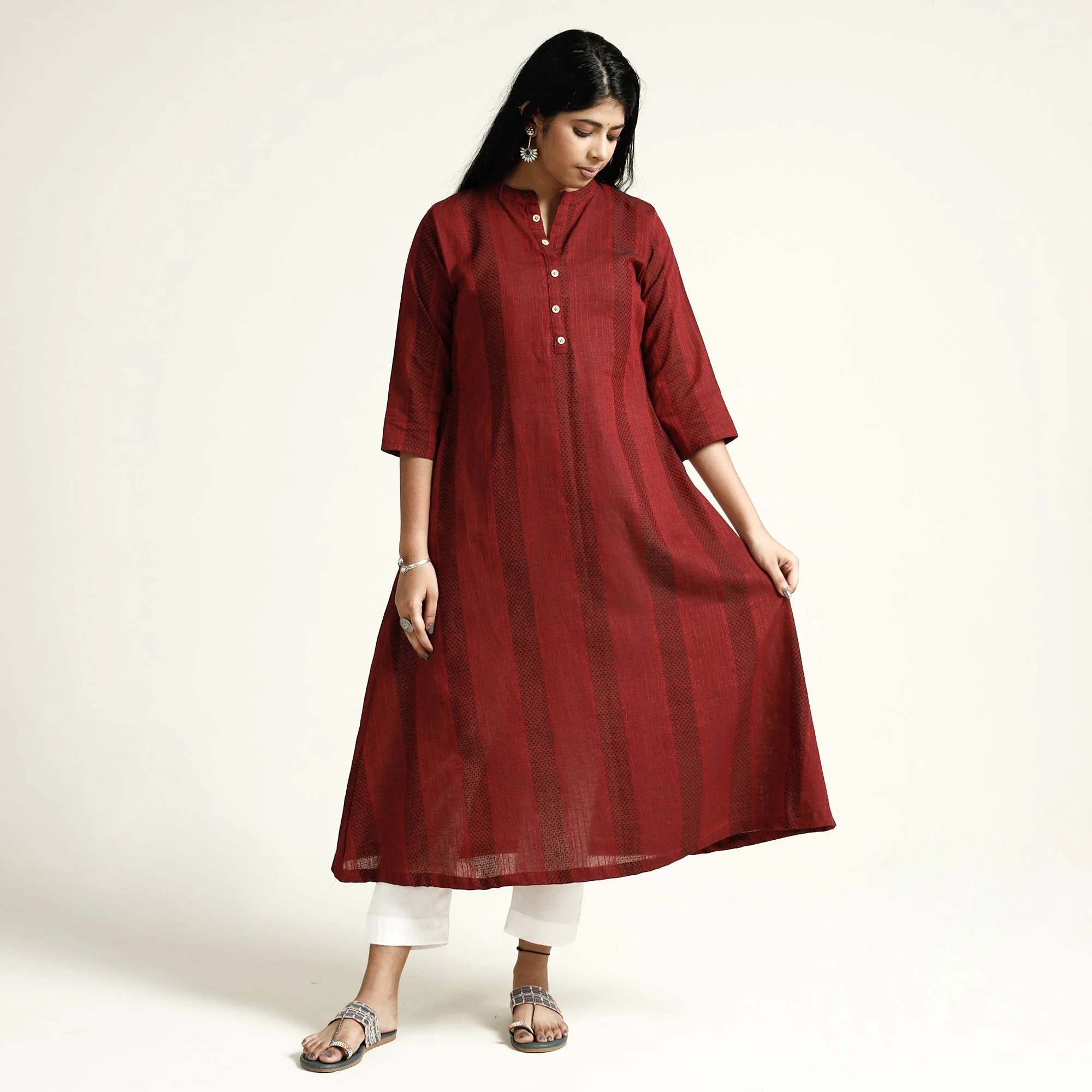 Maroon Jacquard Cotton A-Line Long Kurta - Image 4