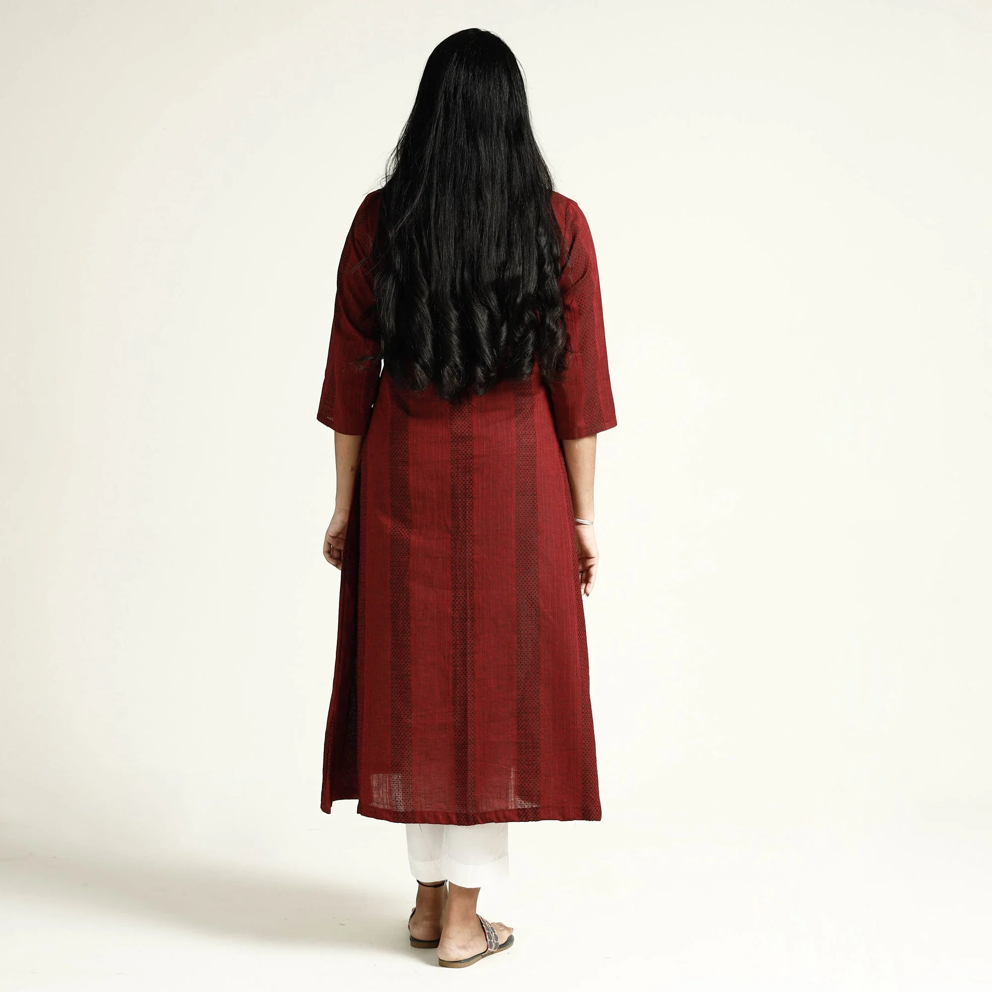 Maroon Jacquard Cotton A-Line Long Kurta - Image 7