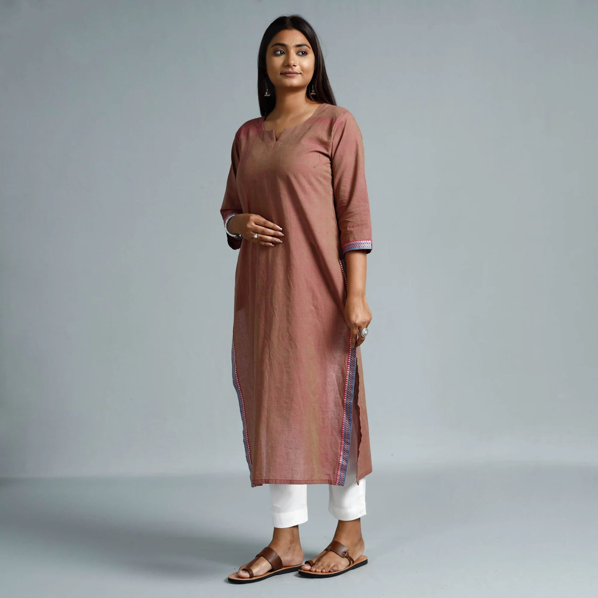 Brown - Dharwad Cotton Long Straight Kurta - Image 3