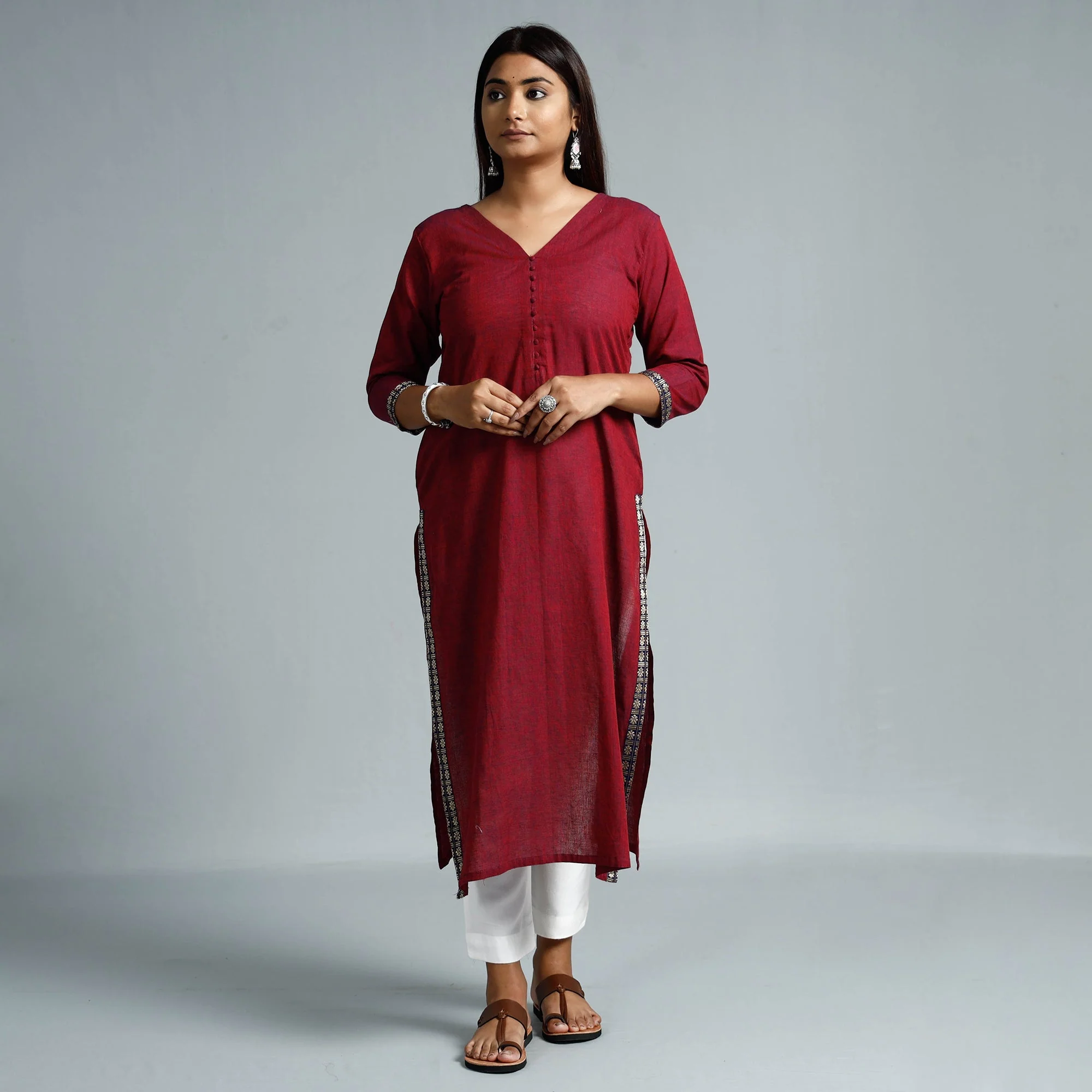 Red - Dharwad Cotton Long Kurta - Image 2