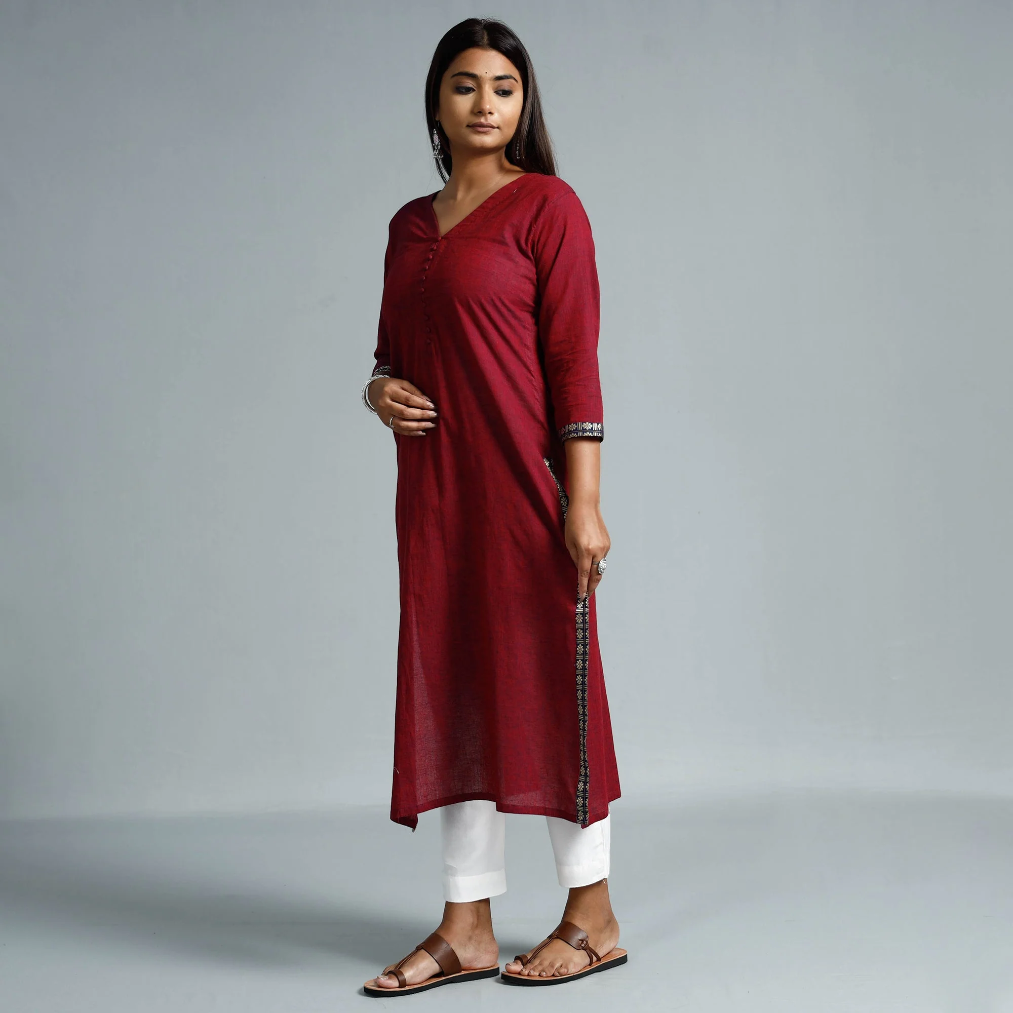 Red - Dharwad Cotton Long Kurta - Image 3