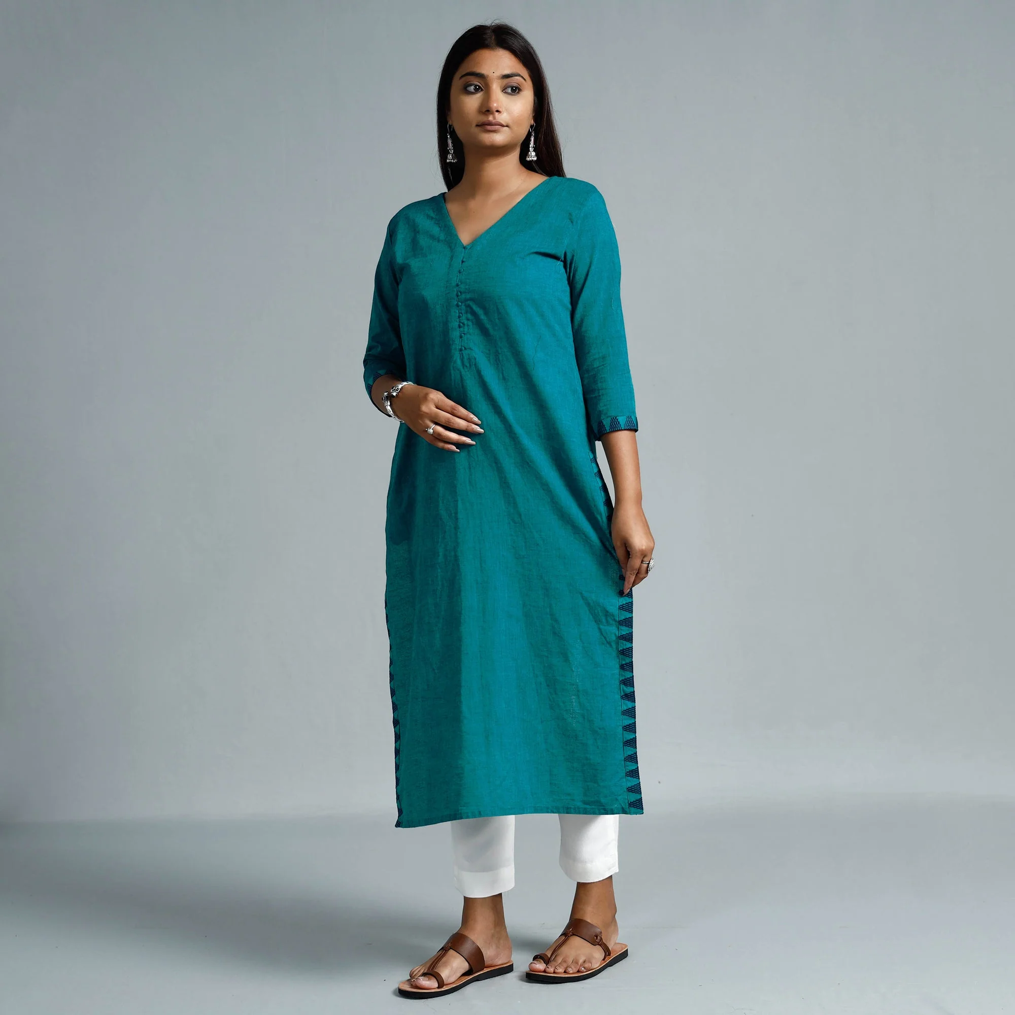 Pine Green Dharwad Cotton Long Kurta - Image 3
