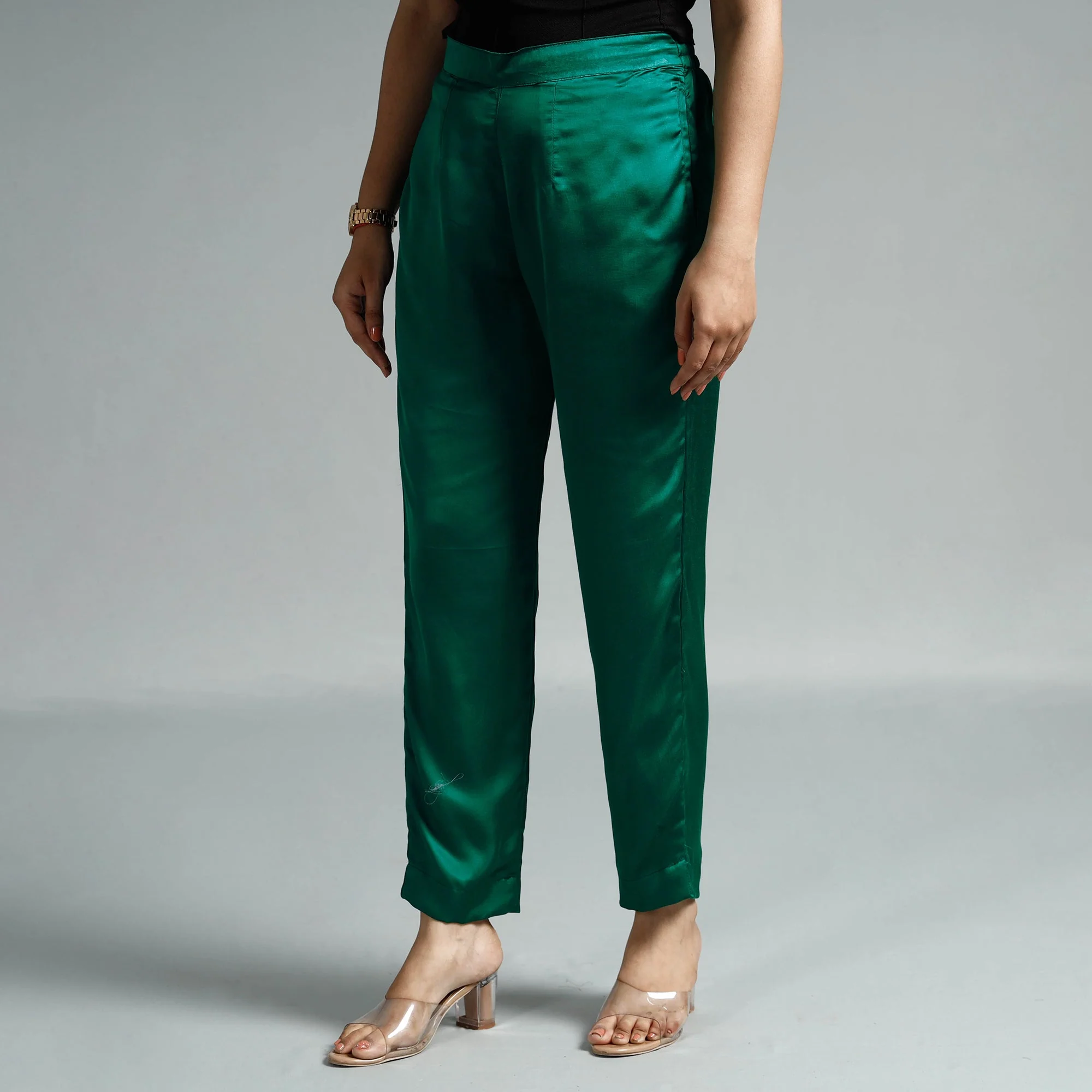 Dark Green Plain Modal Silk Elasticated Pant
