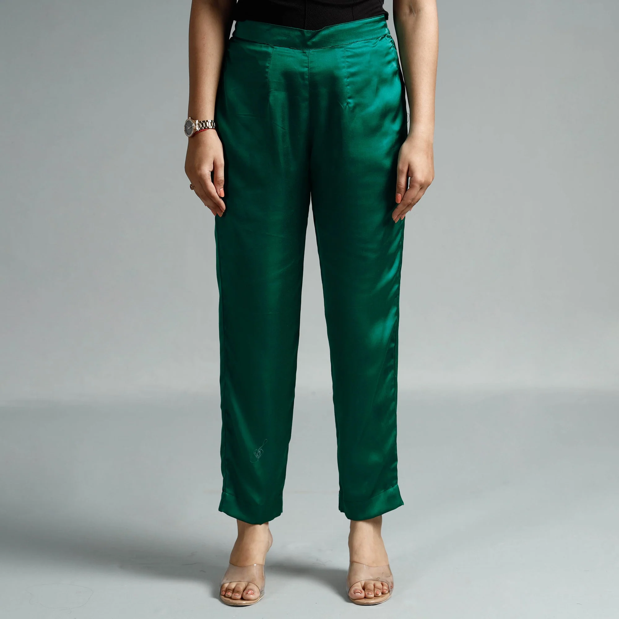 Dark Green Plain Modal Silk Elasticated Pant - Image 2