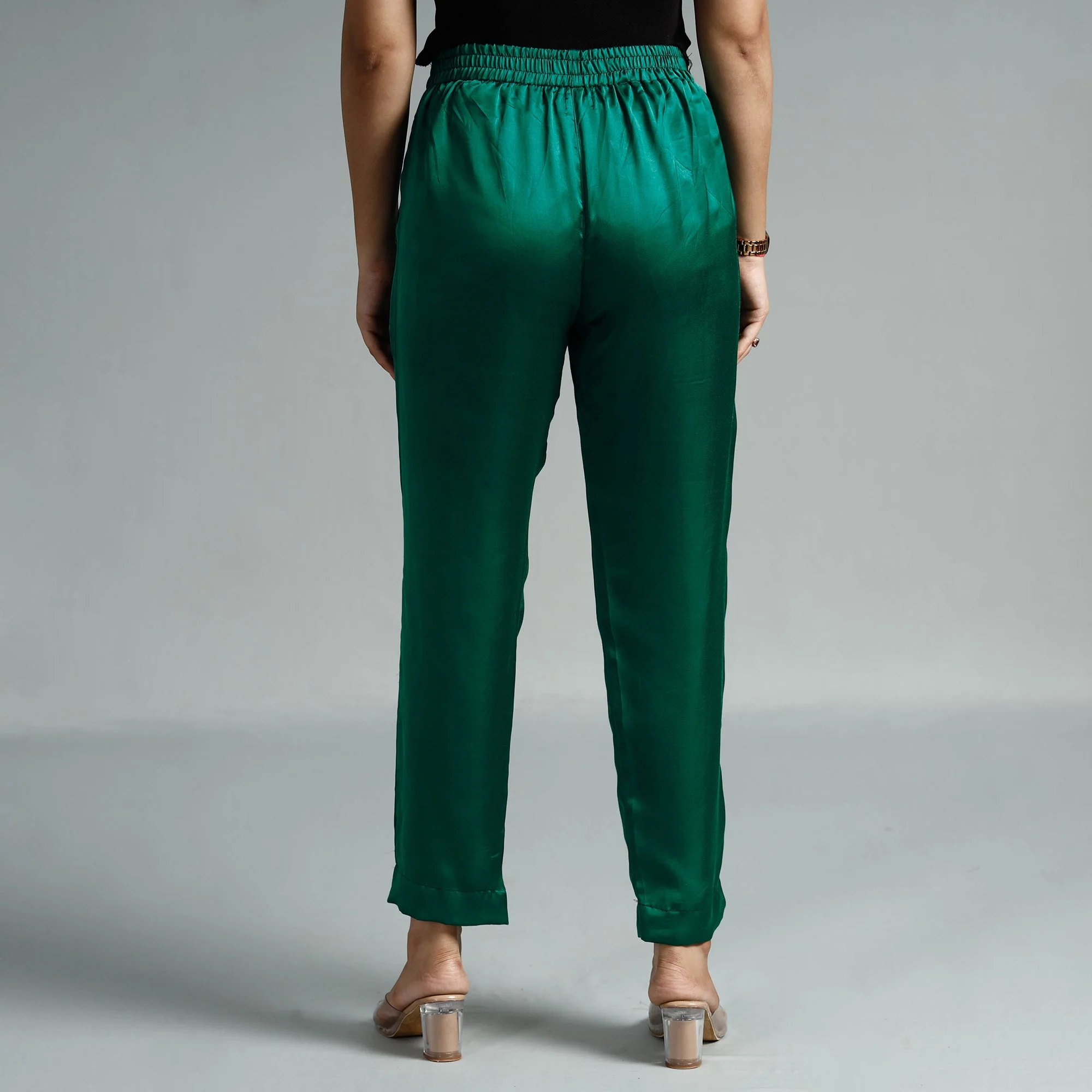 Dark Green Plain Modal Silk Elasticated Pant - Image 5