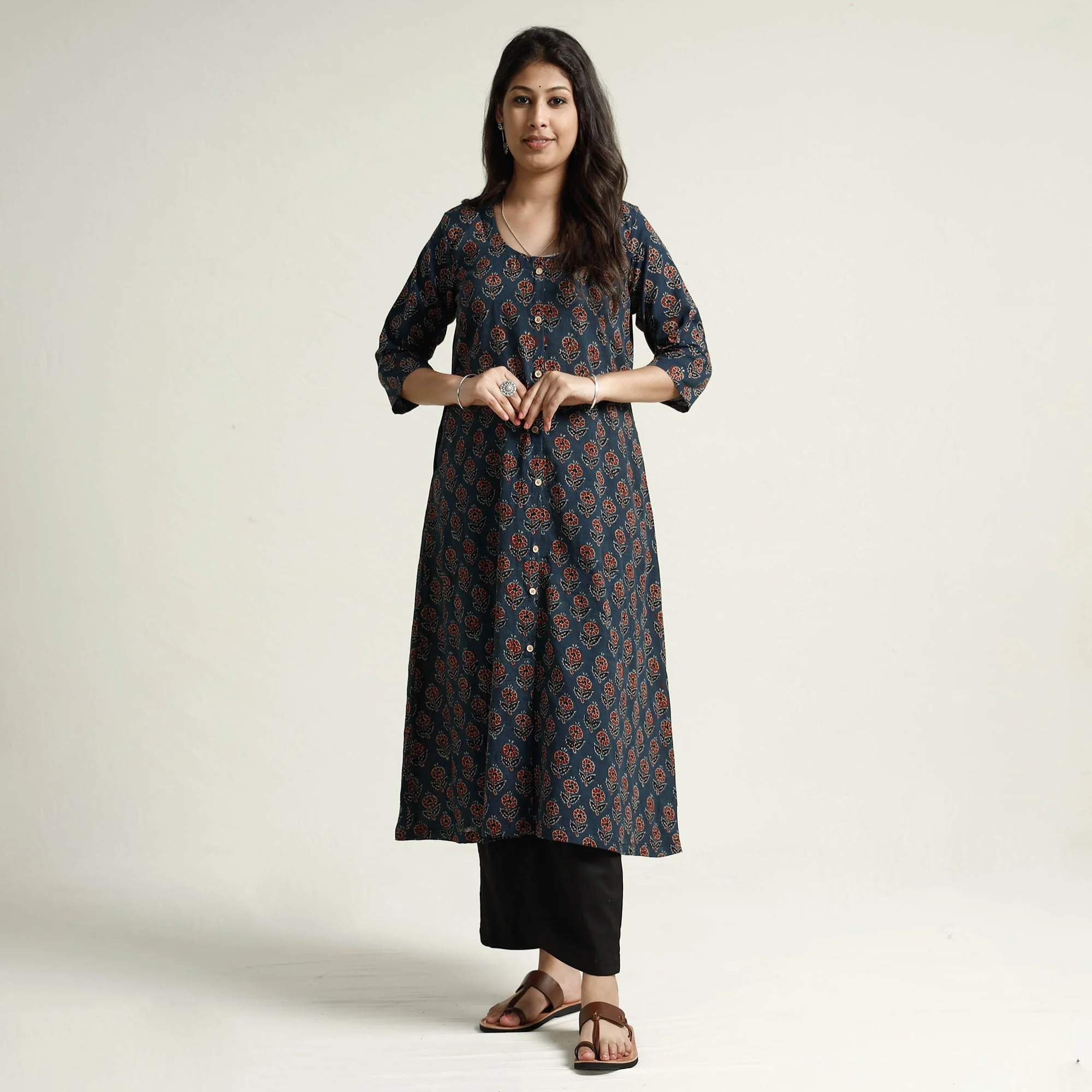 Blue - Ajrakh Block Printed Cotton Kurta with Palazzo Set