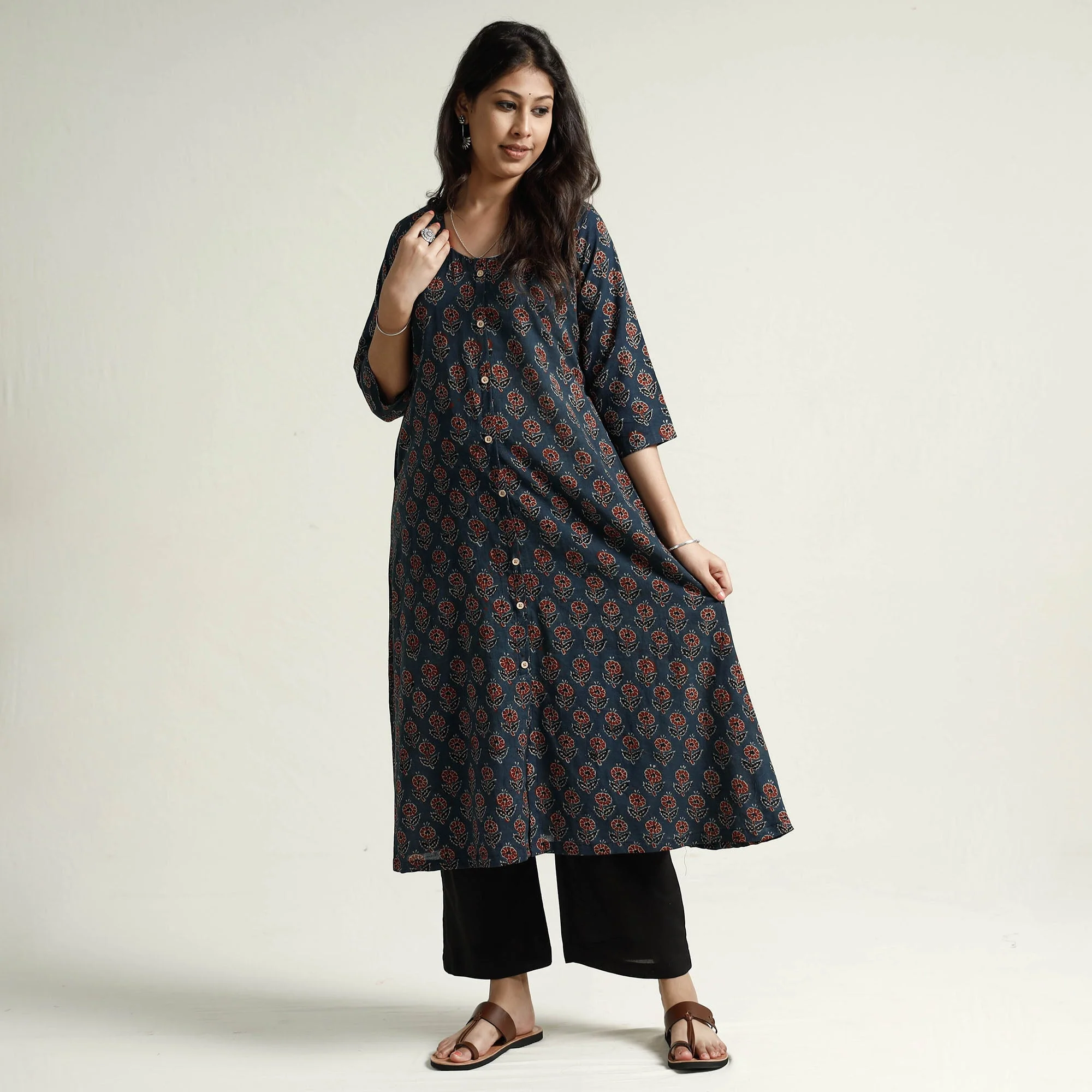 Blue - Ajrakh Block Printed Cotton Kurta with Palazzo Set - Image 3