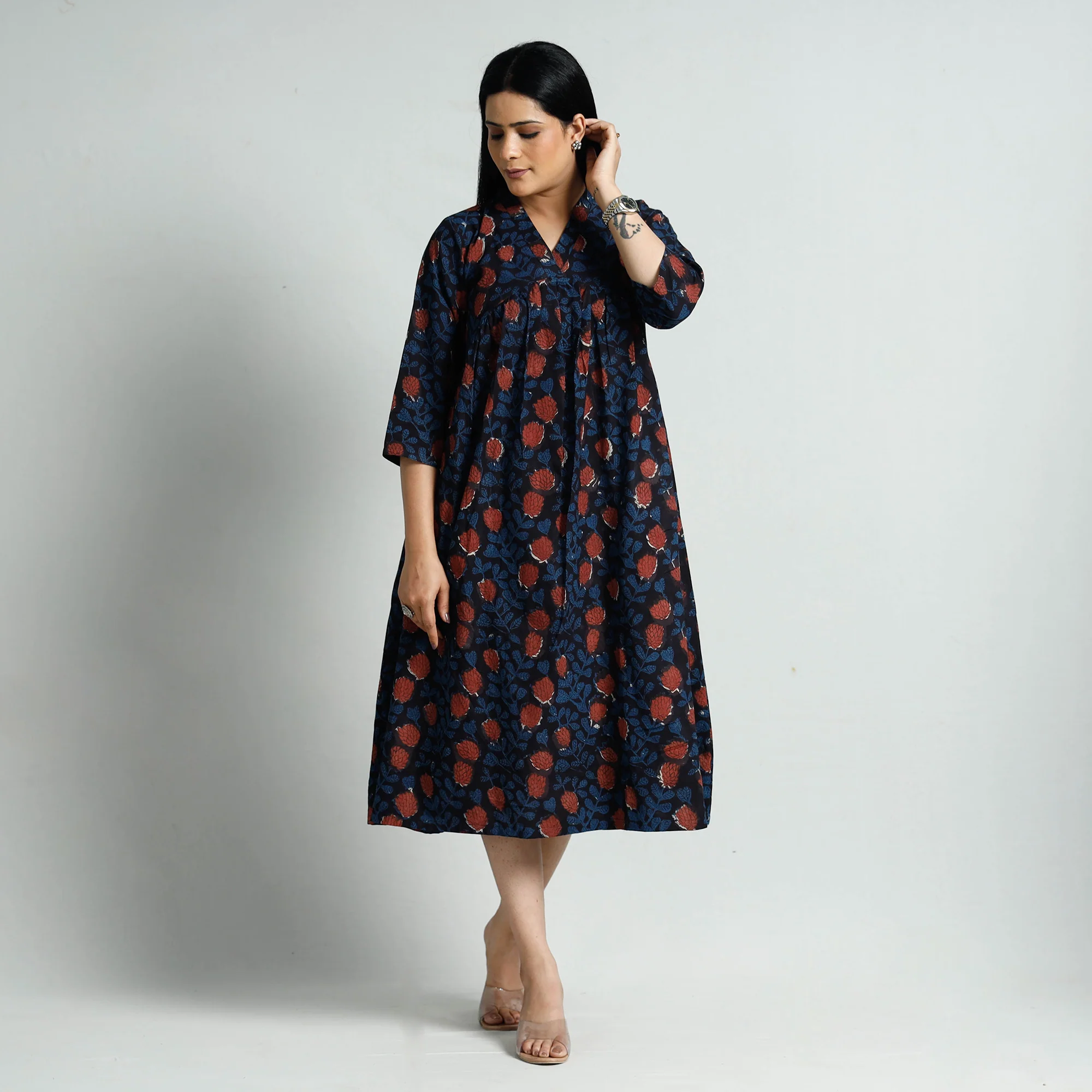 Black - Bagru Block Printed Cotton Flared Dress
