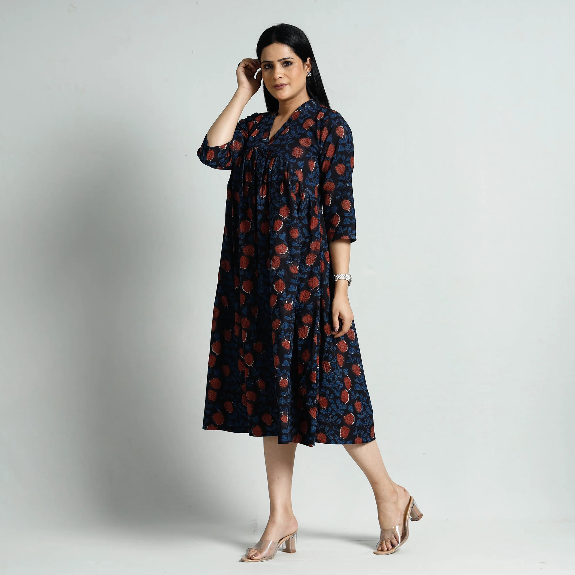 Black - Bagru Block Printed Cotton Flared Dress - Image 2