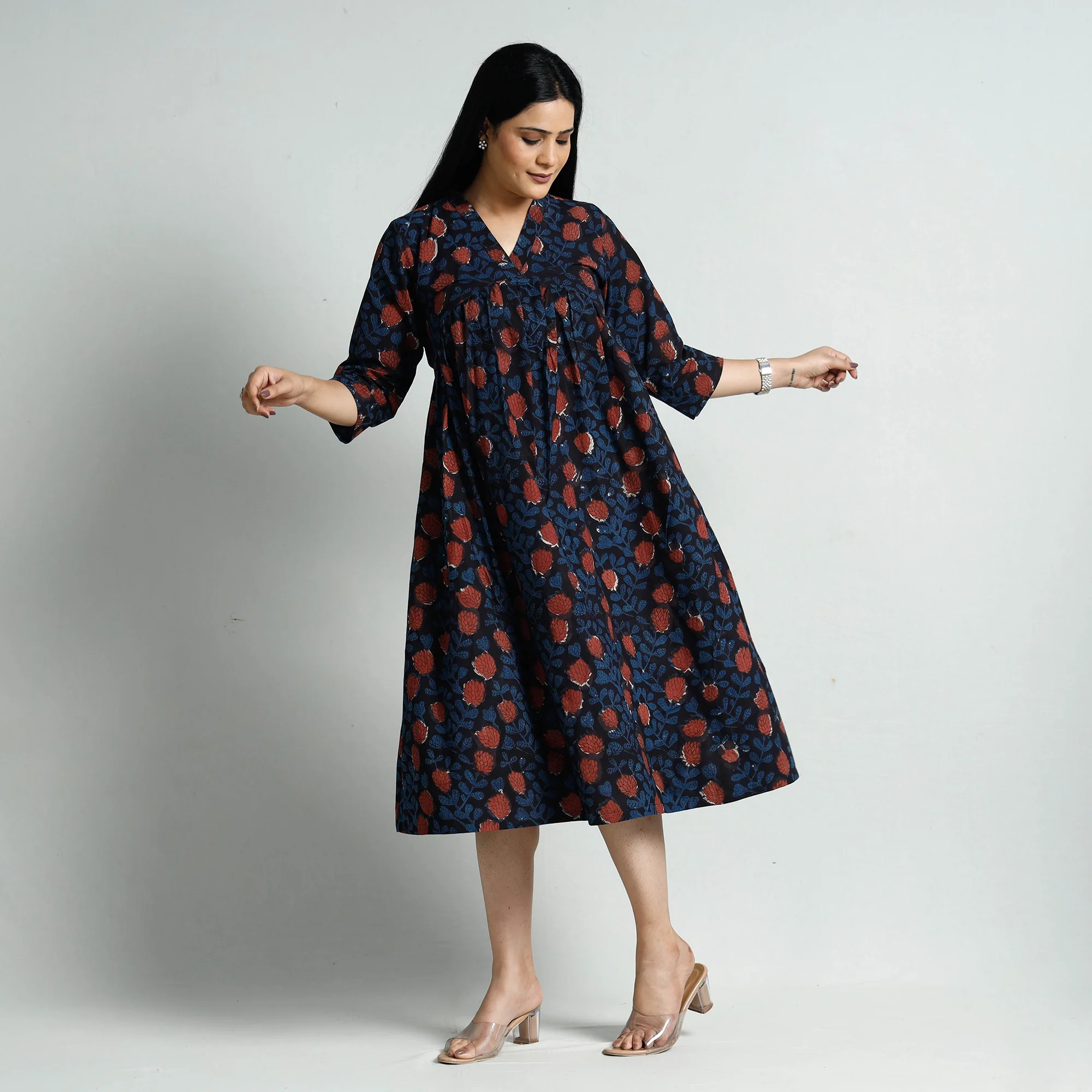 Black - Bagru Block Printed Cotton Flared Dress - Image 3