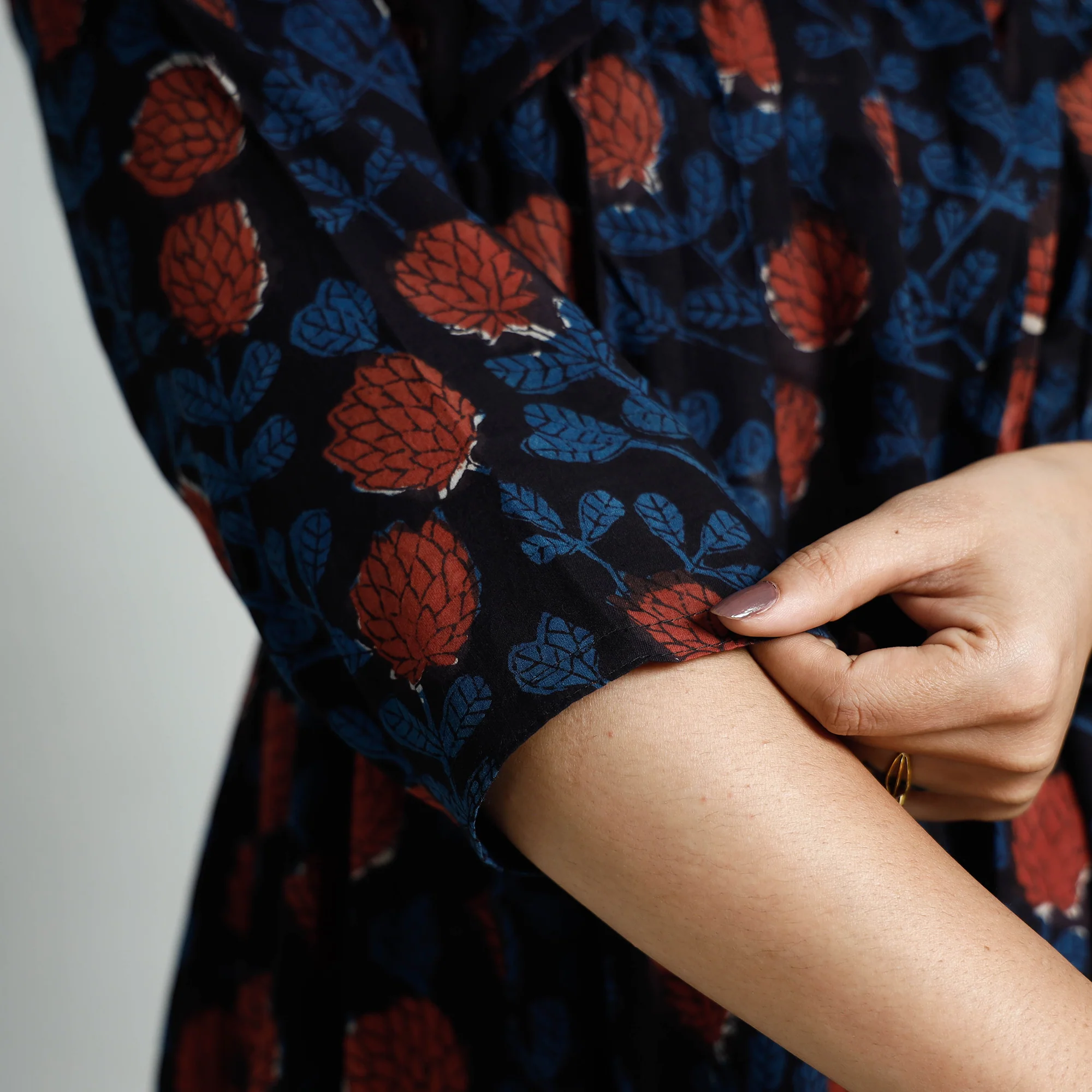 Black - Bagru Block Printed Cotton Flared Dress - Image 6