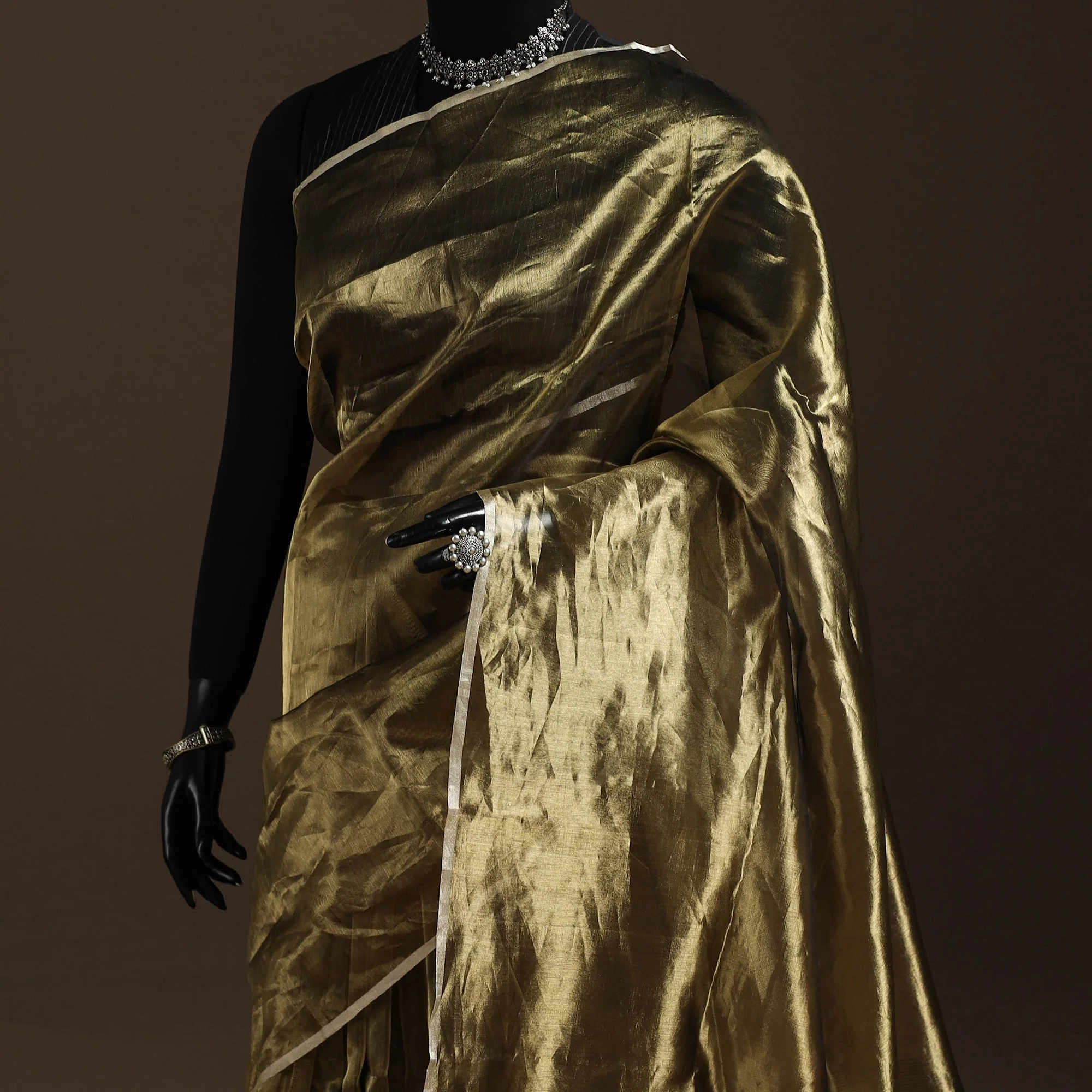 Brown - Traditional Handloom Tissue Zari Chanderi Silk Saree 08 - Image 2