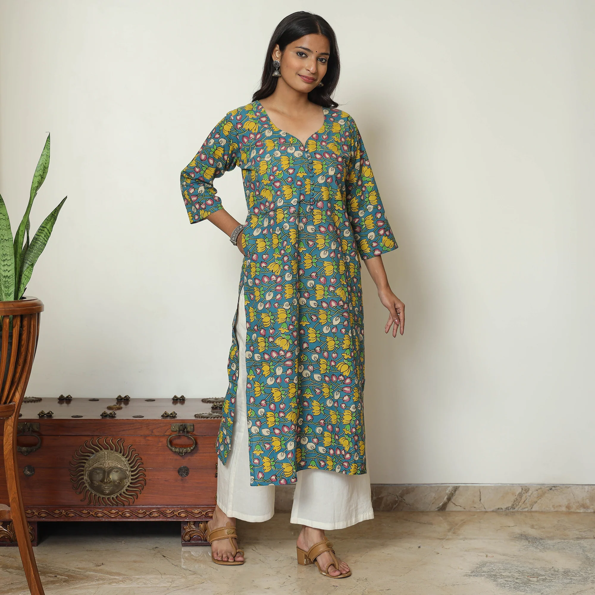 Blue - Kalamkari Printed Cotton Straight Kurta 48 - Image 2