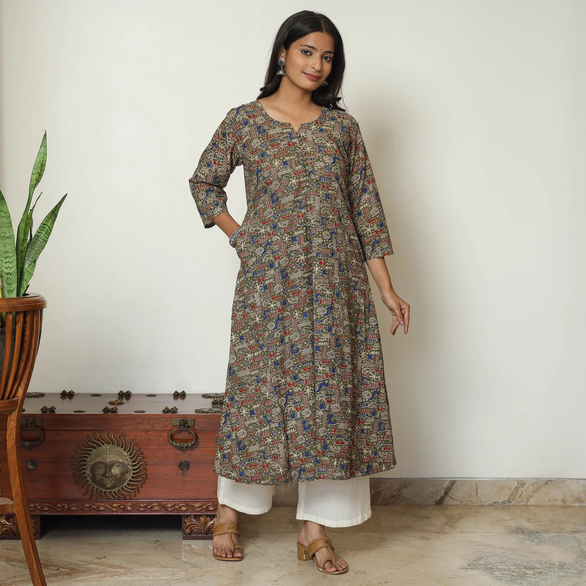 Brown - Kalamkari Printed Cotton A-Line Kurta 49 - Image 3