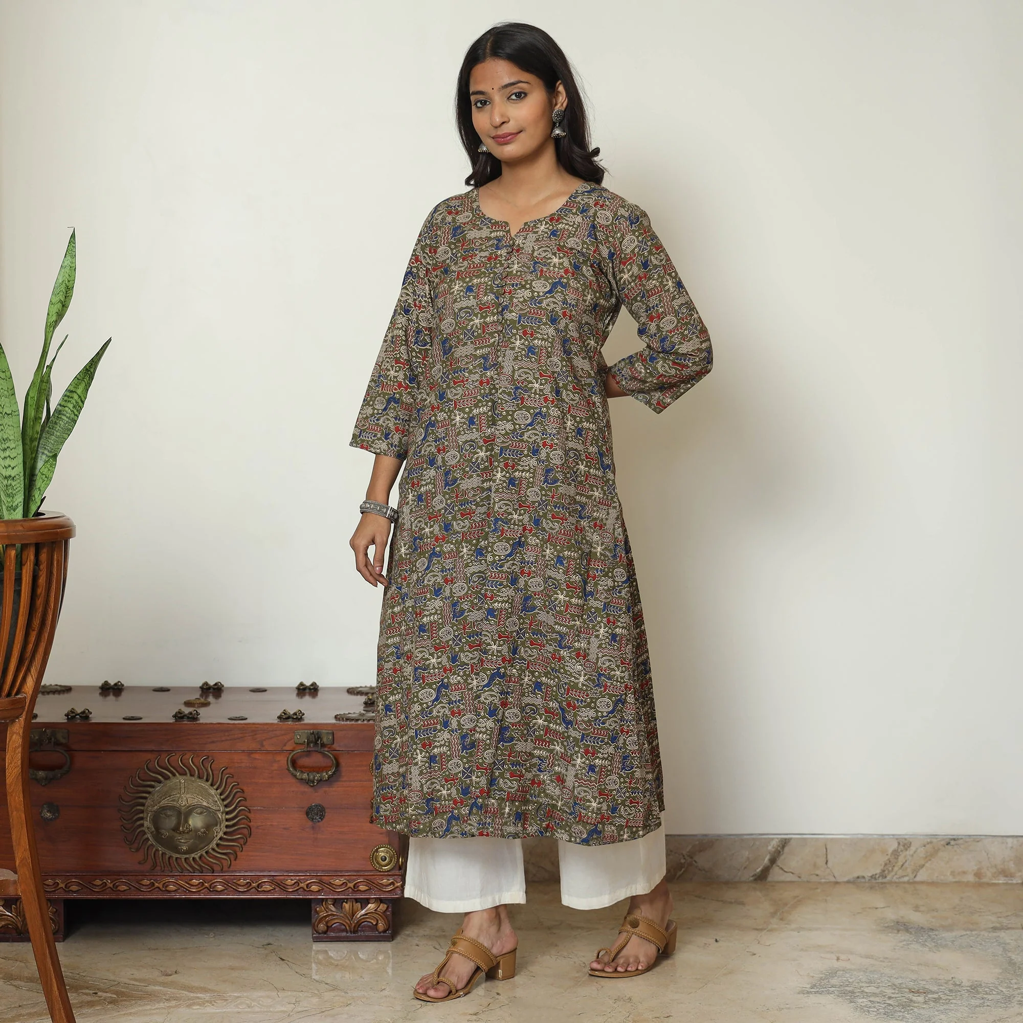 Brown - Kalamkari Printed Cotton A-Line Kurta 49 - Image 7