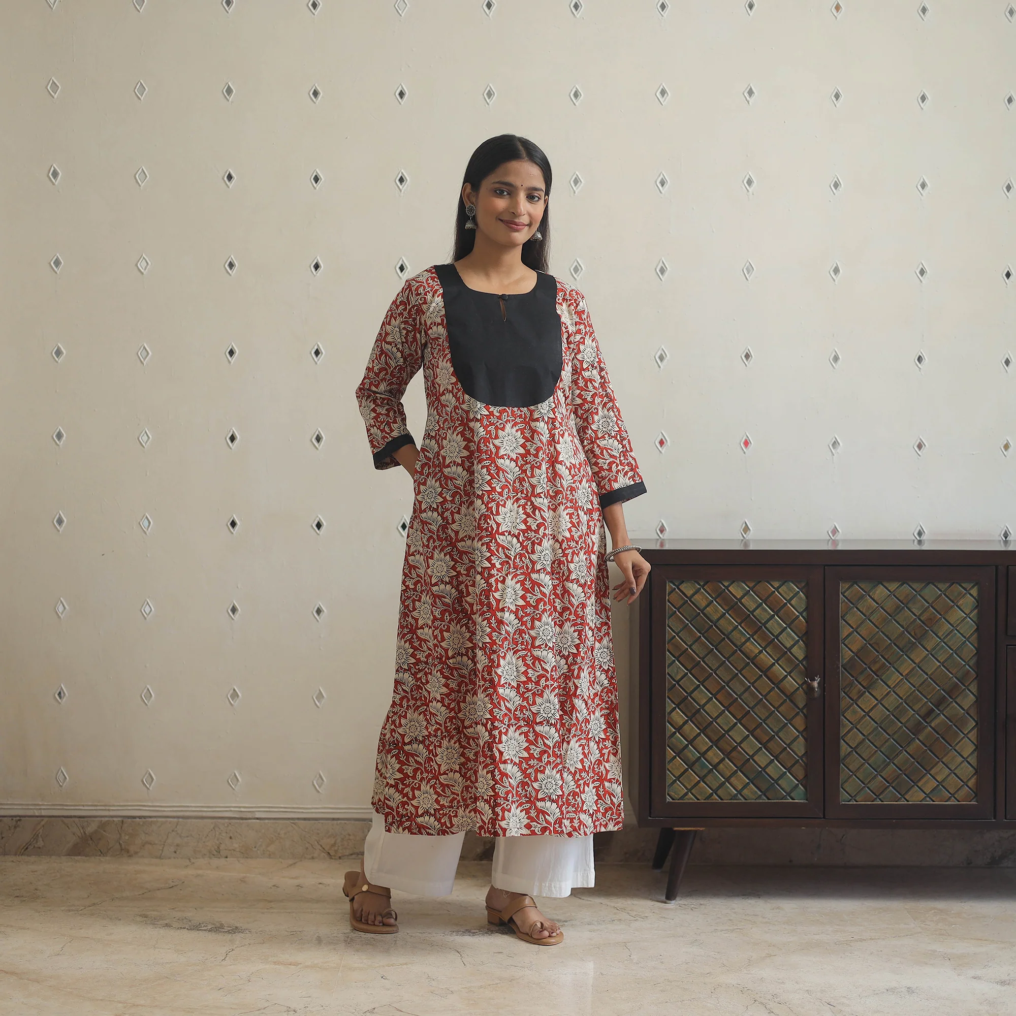 Red - Block Print Cotton Patchwork A-Line Sanganeri Kurta 07 - Image 2