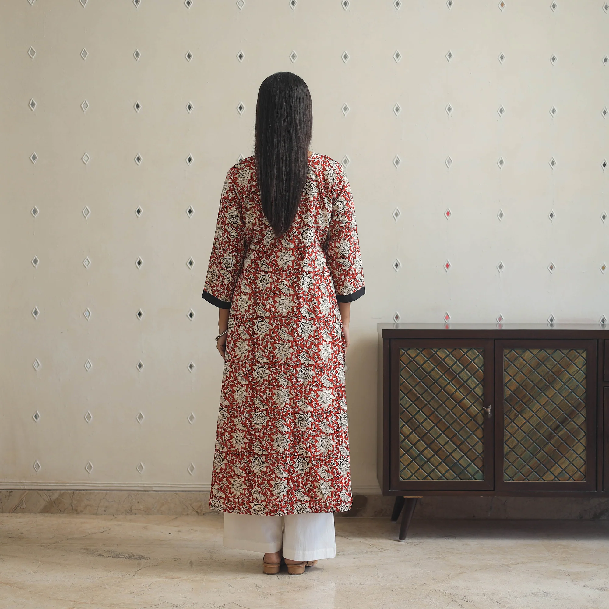 Red - Block Print Cotton Patchwork A-Line Sanganeri Kurta 07 - Image 5