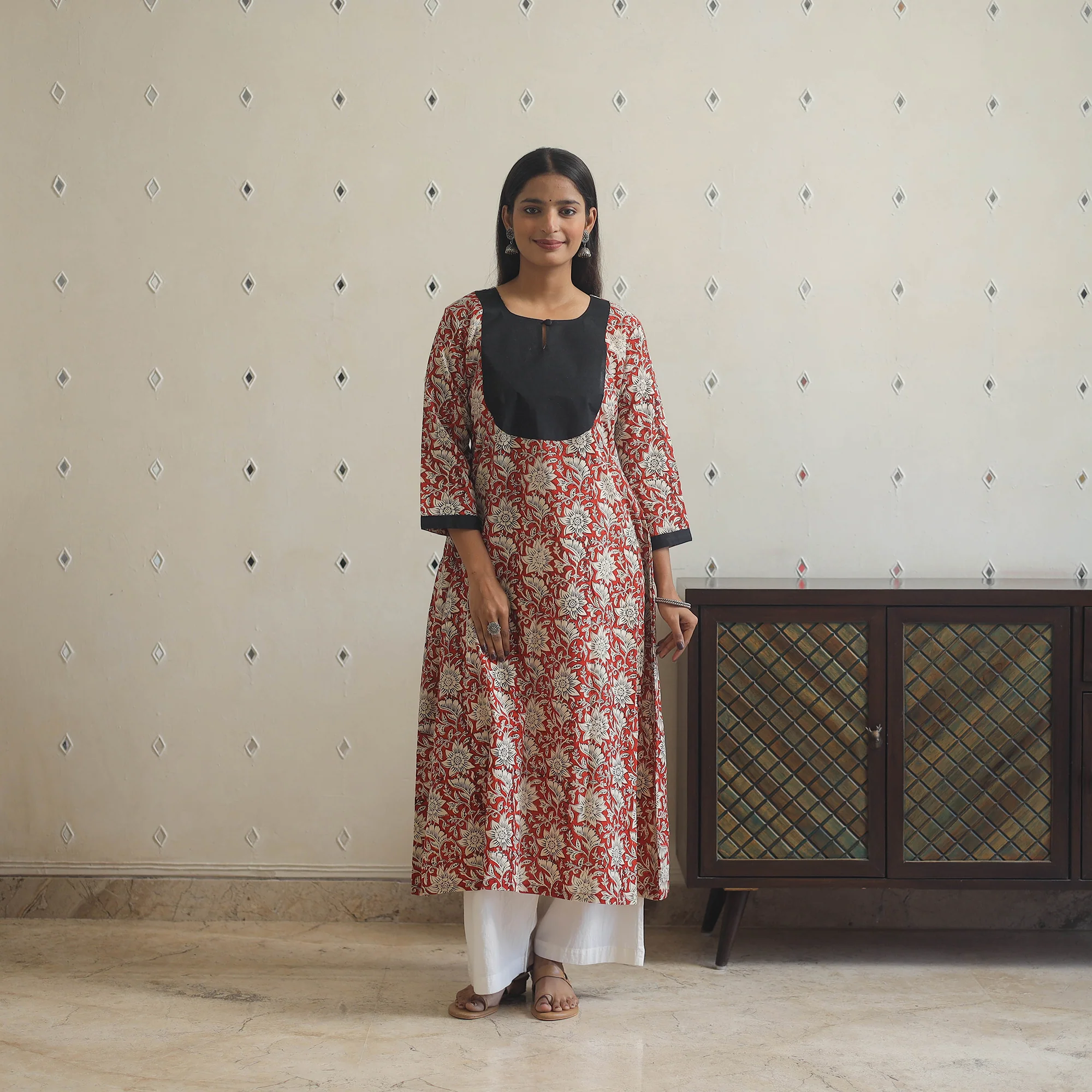 Red - Block Print Cotton Patchwork A-Line Sanganeri Kurta 07 - Image 6