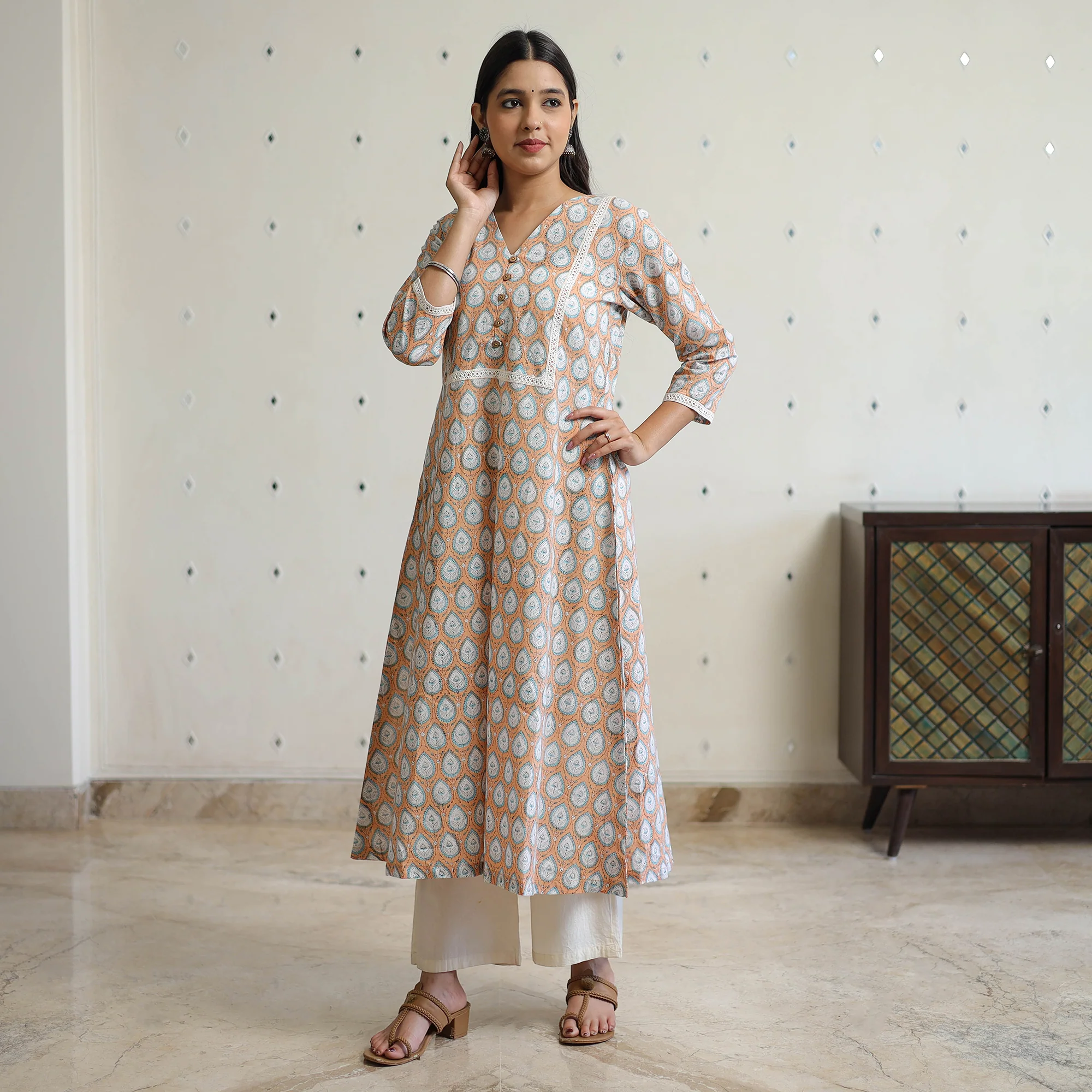 Beige - Sanganeri Block Printed Cotton A-Line Kurta 02 - Image 2